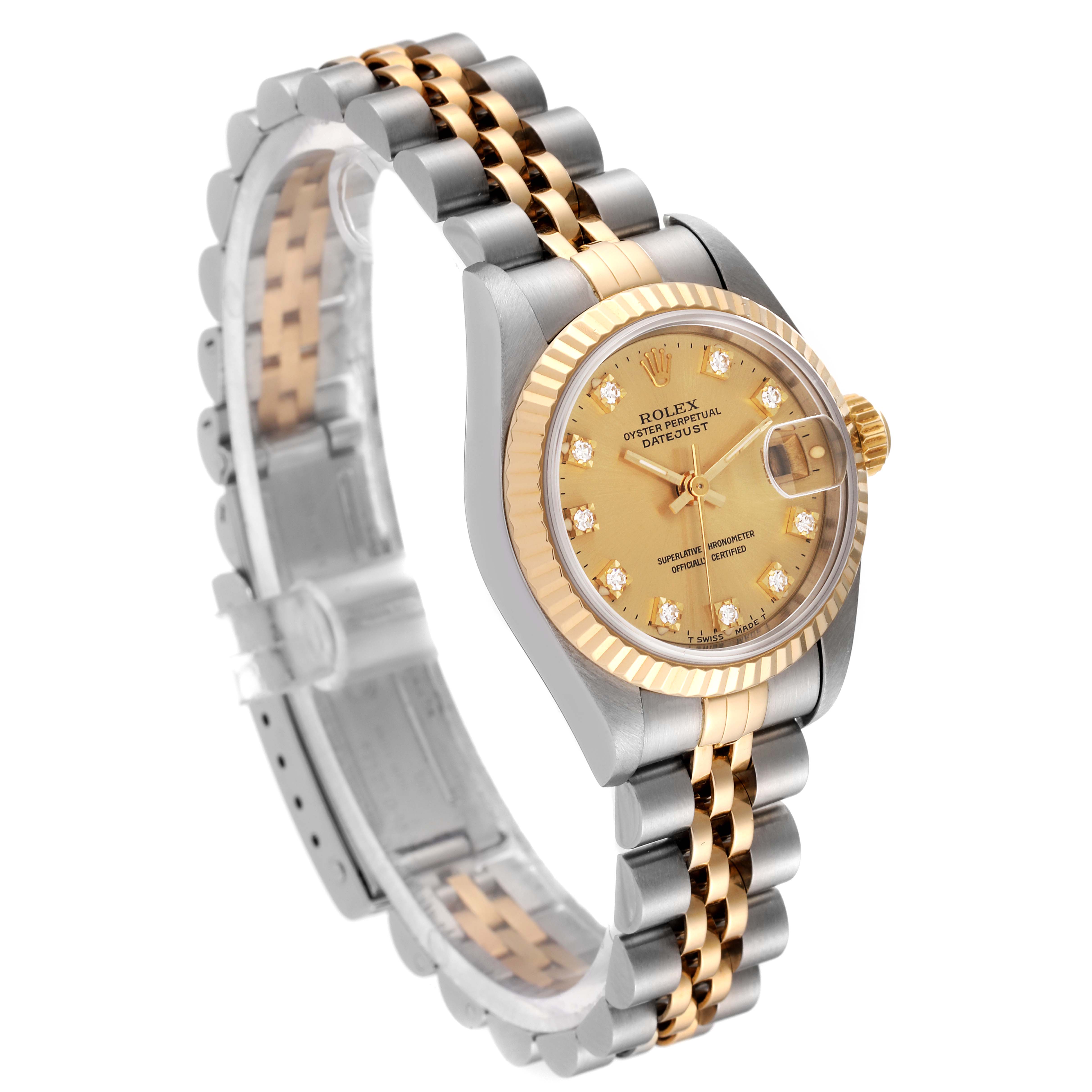 This image shows a Rolex Datejust 69173 Women's Steel and Gold (two tone) Champagne Dial 69173 Women's Steel and Gold (two tone) Champagne Dial watch at a slight angle, highlighting its gold and silver bracelet, dial, and fluted bezel.