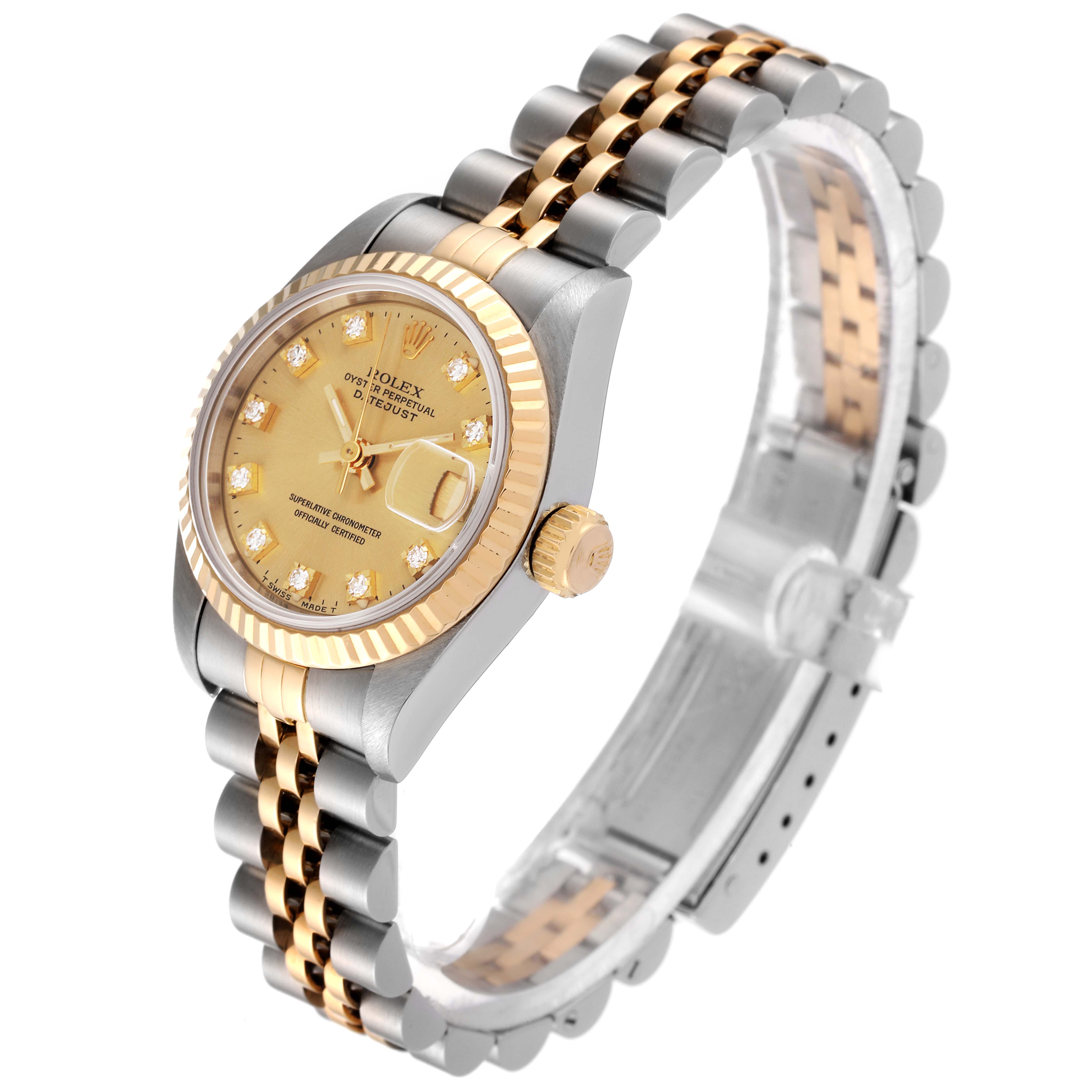 The Rolex Datejust 69173 Women's Steel and Gold (two tone) Champagne Dial 69173 Women's Steel and Gold (two tone) Champagne Dial watch is shown at a slight angle, highlighting its dial, bezel, bracelet, and crown.