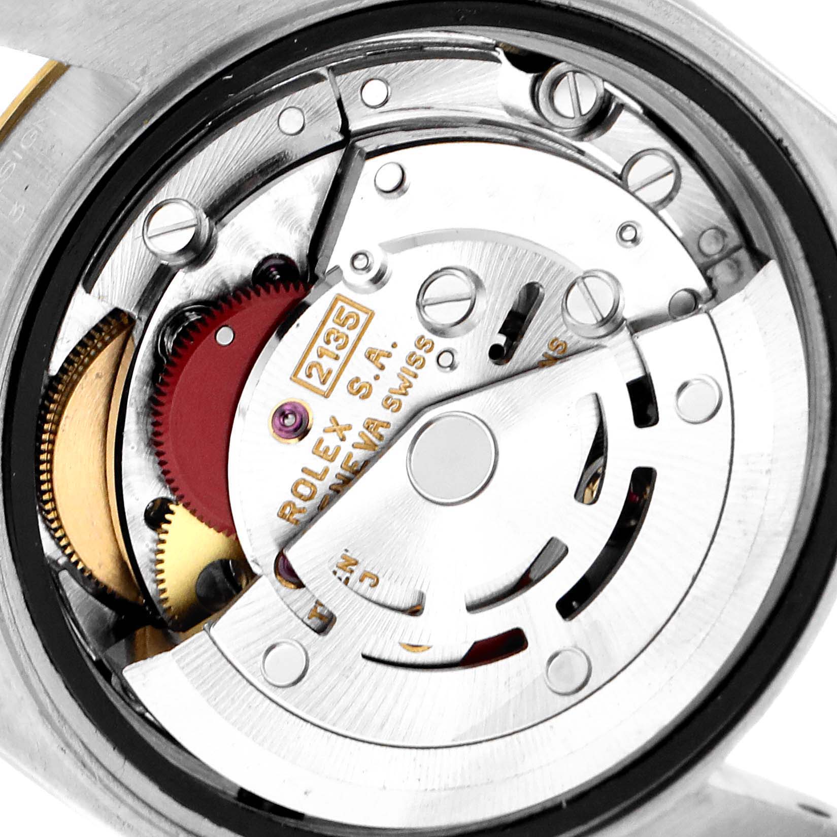 This image shows the internal mechanism and movement of a Rolex Datejust 69173 Women's Steel and Gold (two tone) Champagne Dial 69173 Women's Steel and Gold (two tone) Champagne Dial watch viewed from the case back.