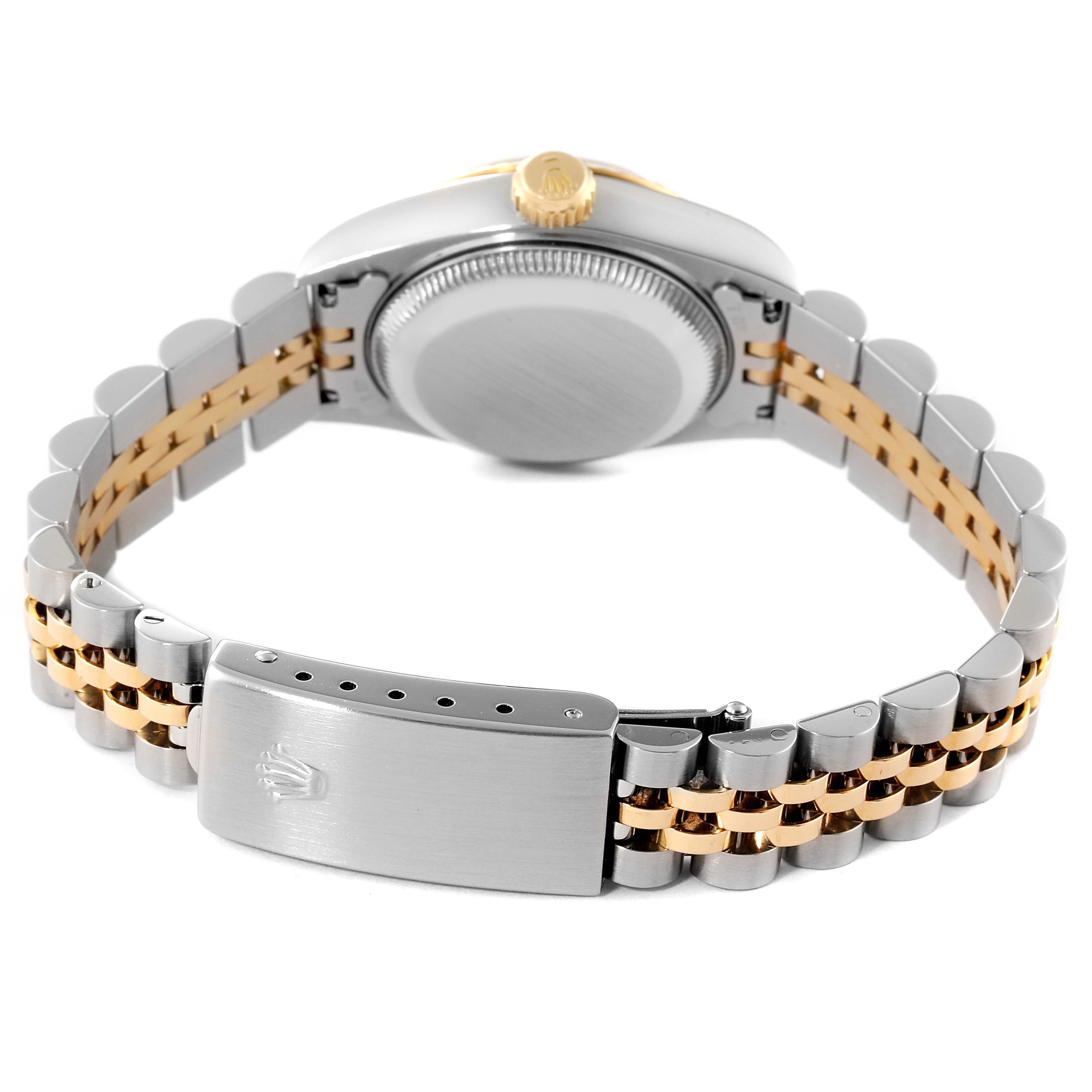 The image shows the back and clasp of a Rolex Datejust 69173 Women's Steel and Gold (two tone) Champagne Dial 69173 Women's Steel and Gold (two tone) Champagne Dial watch at an angle emphasizing the two-tone bracelet.