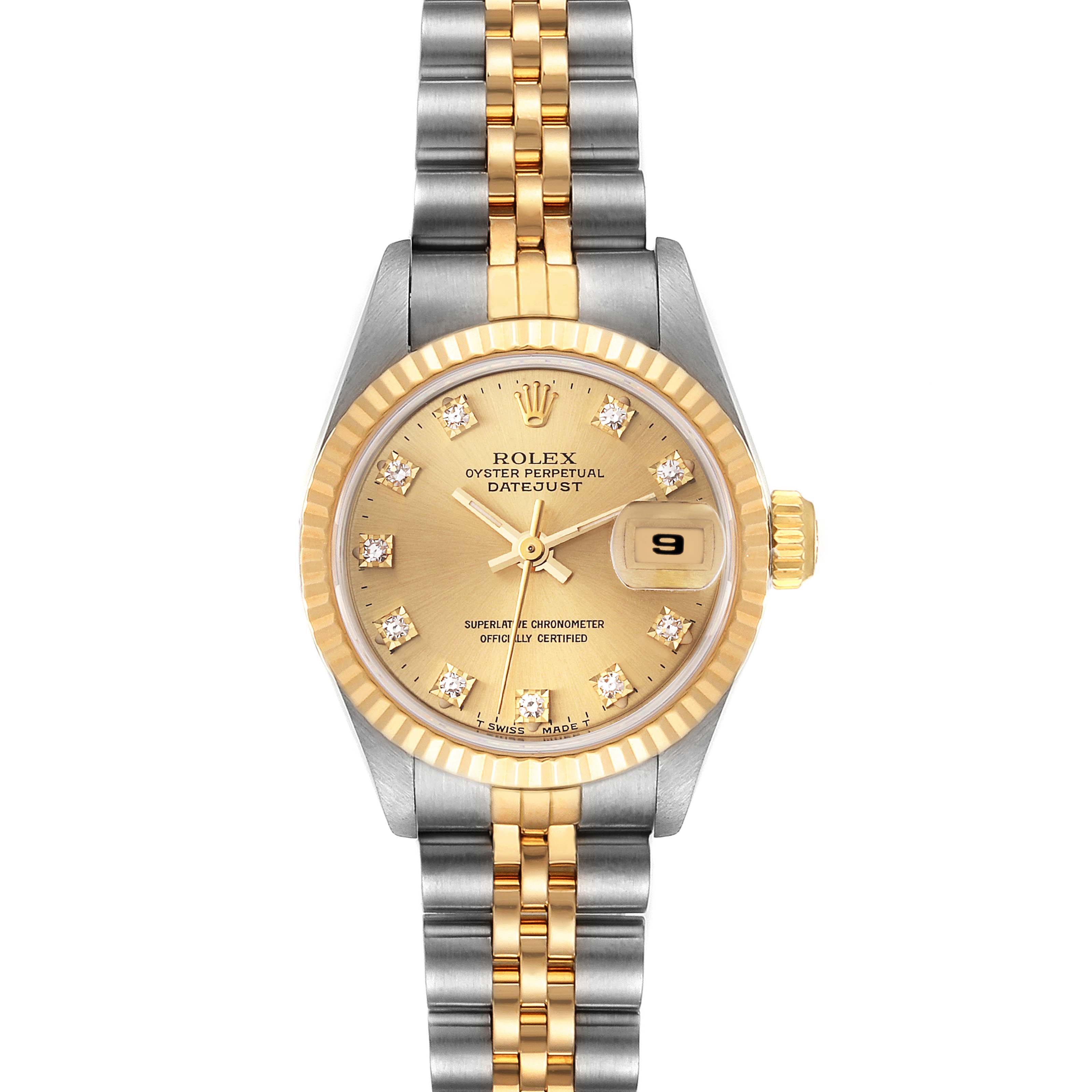 The image shows a front view of a Rolex Datejust 69173 Women's Steel and Gold (two tone) Champagne Dial 69173 Women's Steel and Gold (two tone) Champagne Dial watch, highlighting its gold and silver band, dial, and date feature.