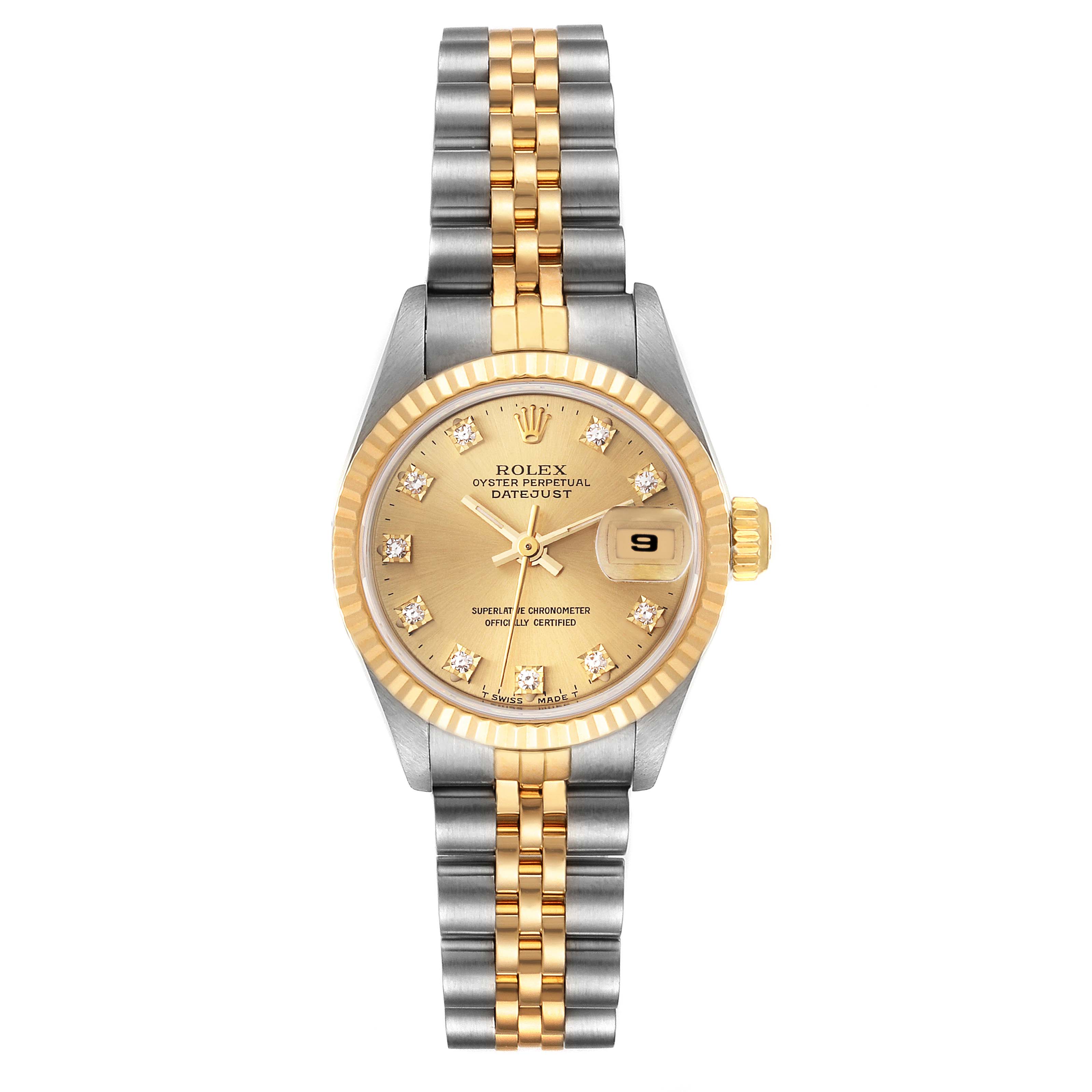 The image shows a front view of a Rolex Datejust 69173 Women's Steel and Gold (two tone) Champagne Dial 69173 Women's Steel and Gold (two tone) Champagne Dial, highlighting its two-tone bracelet, gold dial, and diamond hour markers.