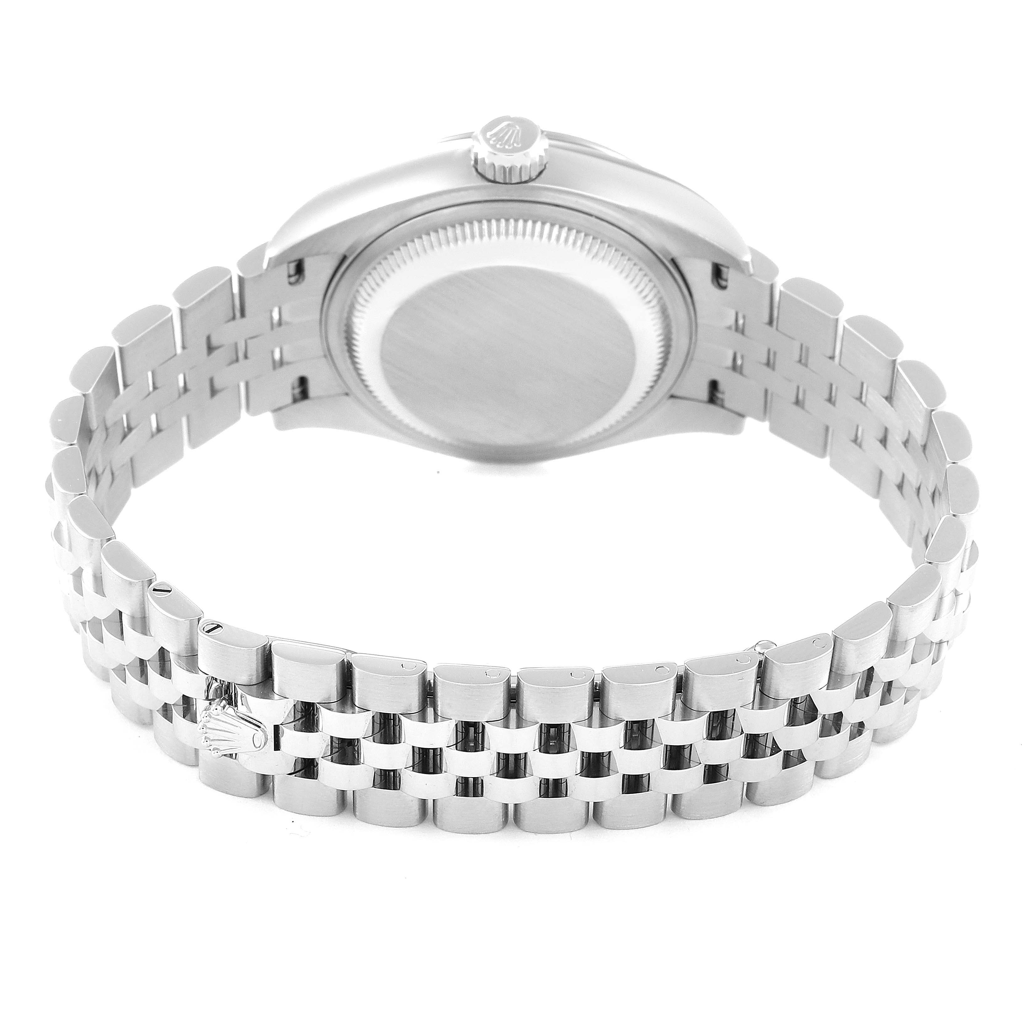 This image shows the back view of a Rolex Datejust 279174 Women's Stainless Steel Silver Dial 279174 Women's Stainless Steel Silver Dial watch, featuring the case back, crown, and a Jubilee bracelet.