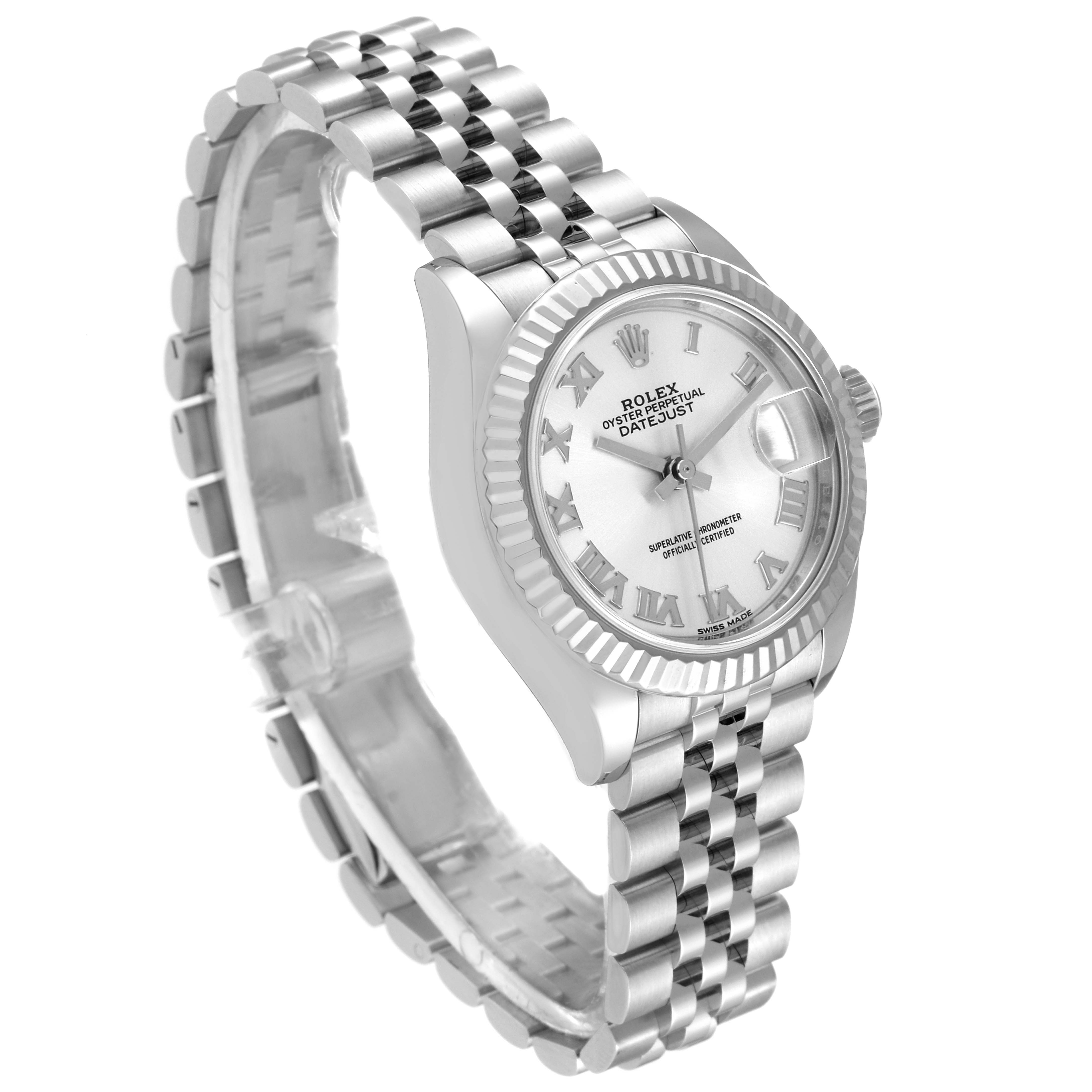 The image shows a Rolex Datejust 279174 Women's Stainless Steel Silver Dial 279174 Women's Stainless Steel Silver Dial model from a three-quarter angle, displaying the watch face, bezel, case, and bracelet.