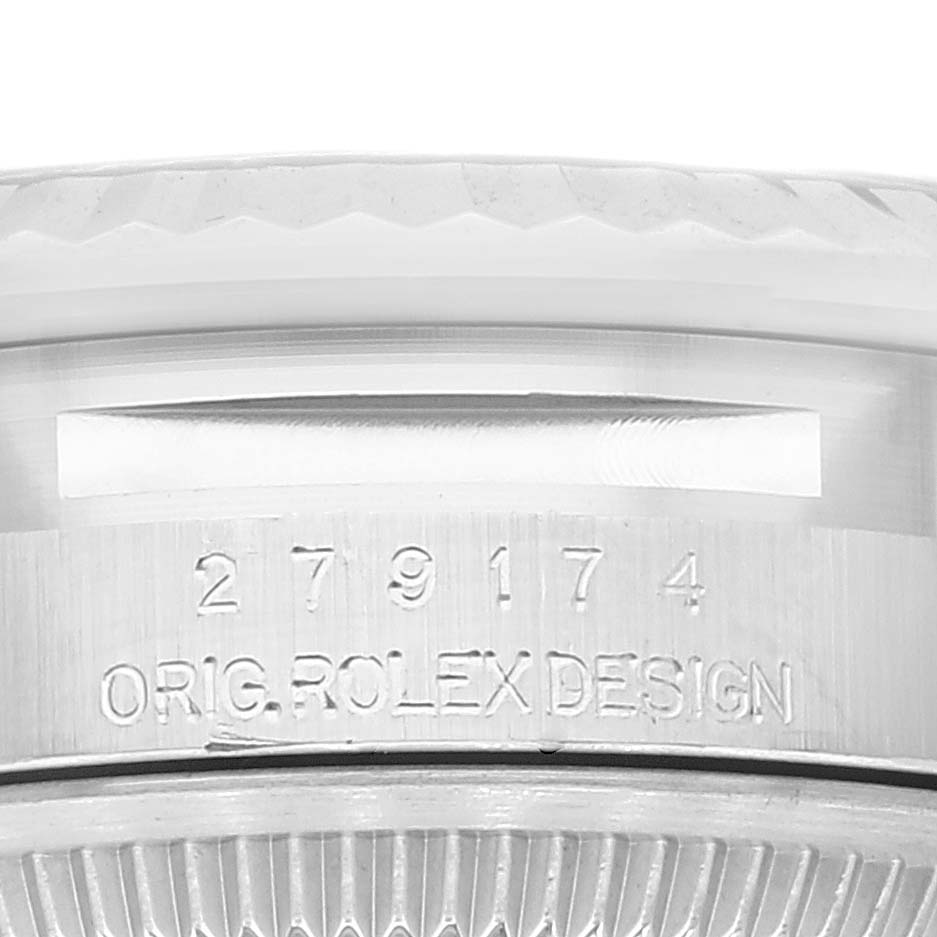 This image shows a close-up of the case and serial number on a Rolex Datejust 279174 Women's Stainless Steel Silver Dial 279174 Women's Stainless Steel Silver Dial watch.