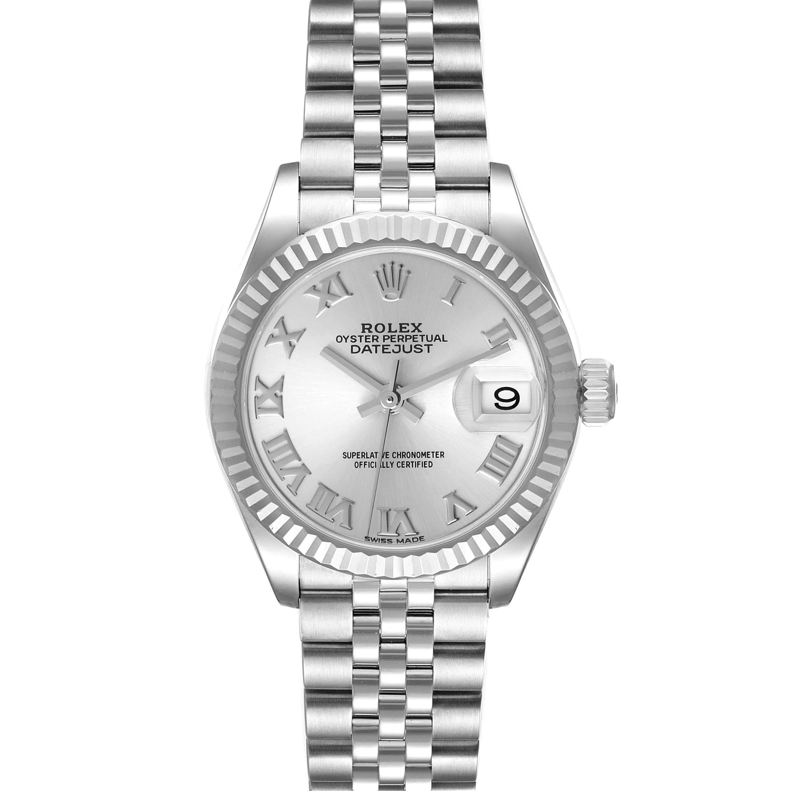 The image shows a front view of a Rolex Datejust 279174 Women's Stainless Steel Silver Dial 279174 Women's Stainless Steel Silver Dial watch with a silver dial, Roman numerals, and Jubilee bracelet.