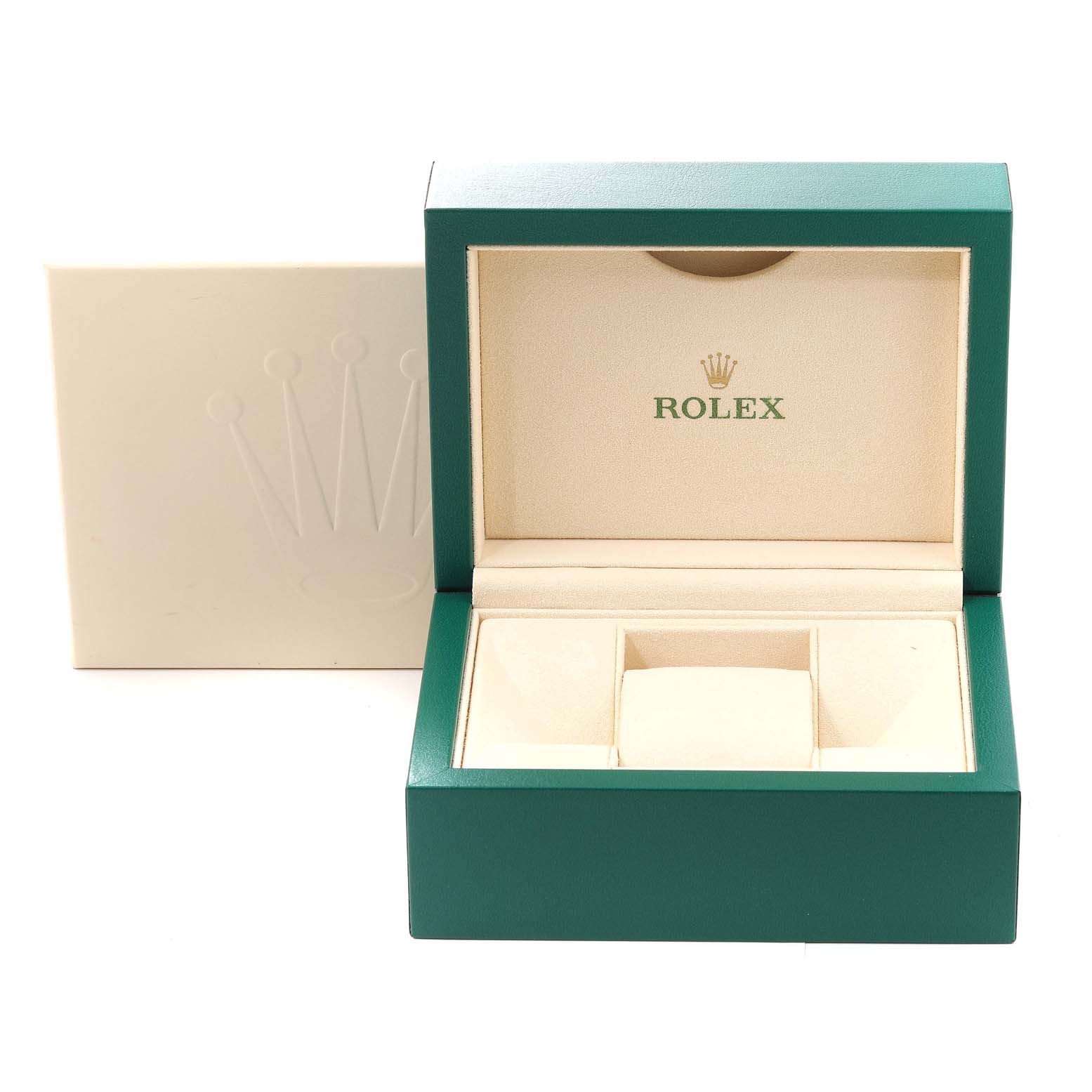 The image shows an open Rolex Datejust 279174 Women's Stainless Steel Silver Dial 279174 Women's Stainless Steel Silver Dial watch box with the inner compartments and the outer embossed cover.
