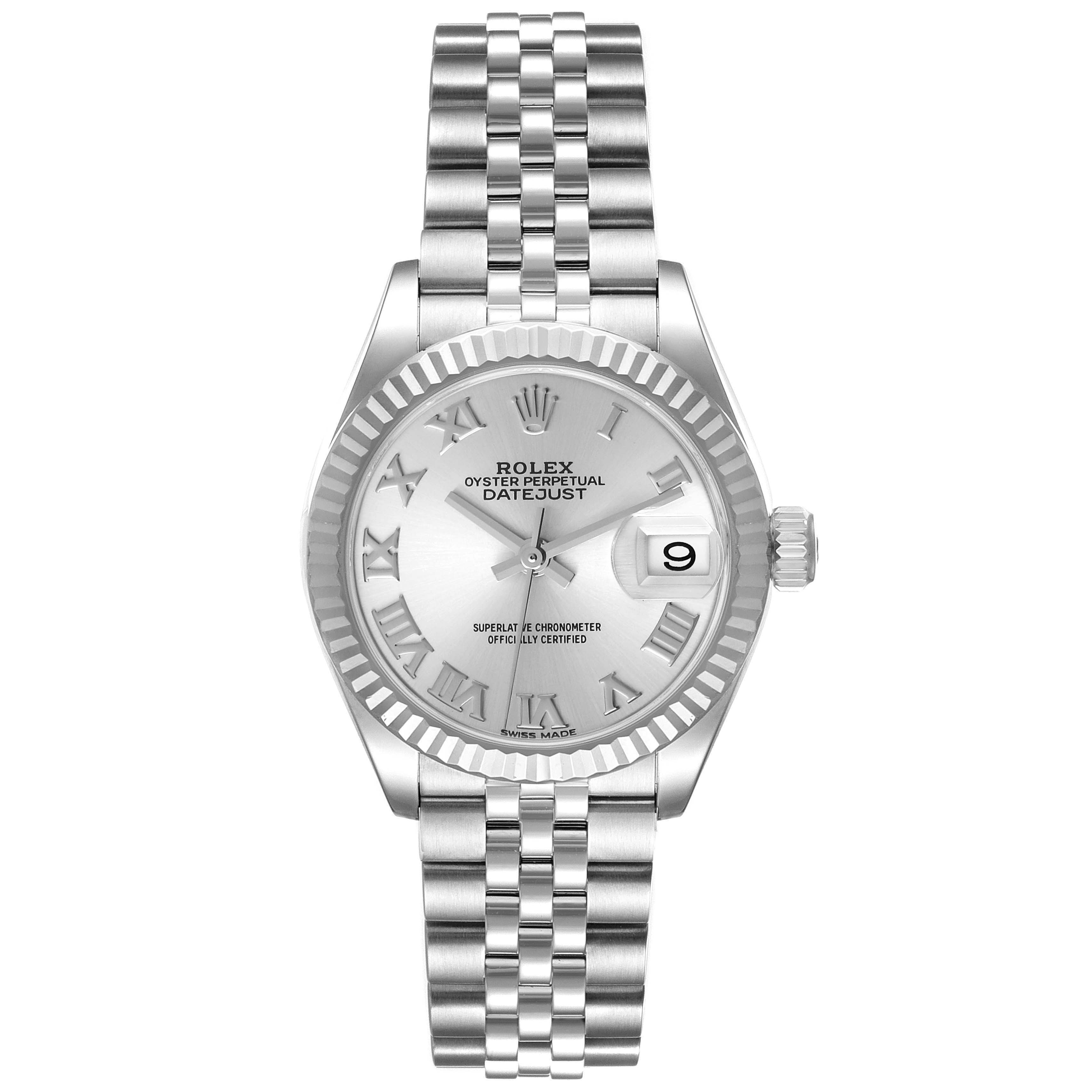 The image shows a front view of a Rolex Datejust 279174 Women's Stainless Steel Silver Dial 279174 Women's Stainless Steel Silver Dial watch with a silver dial and Jubilee bracelet.