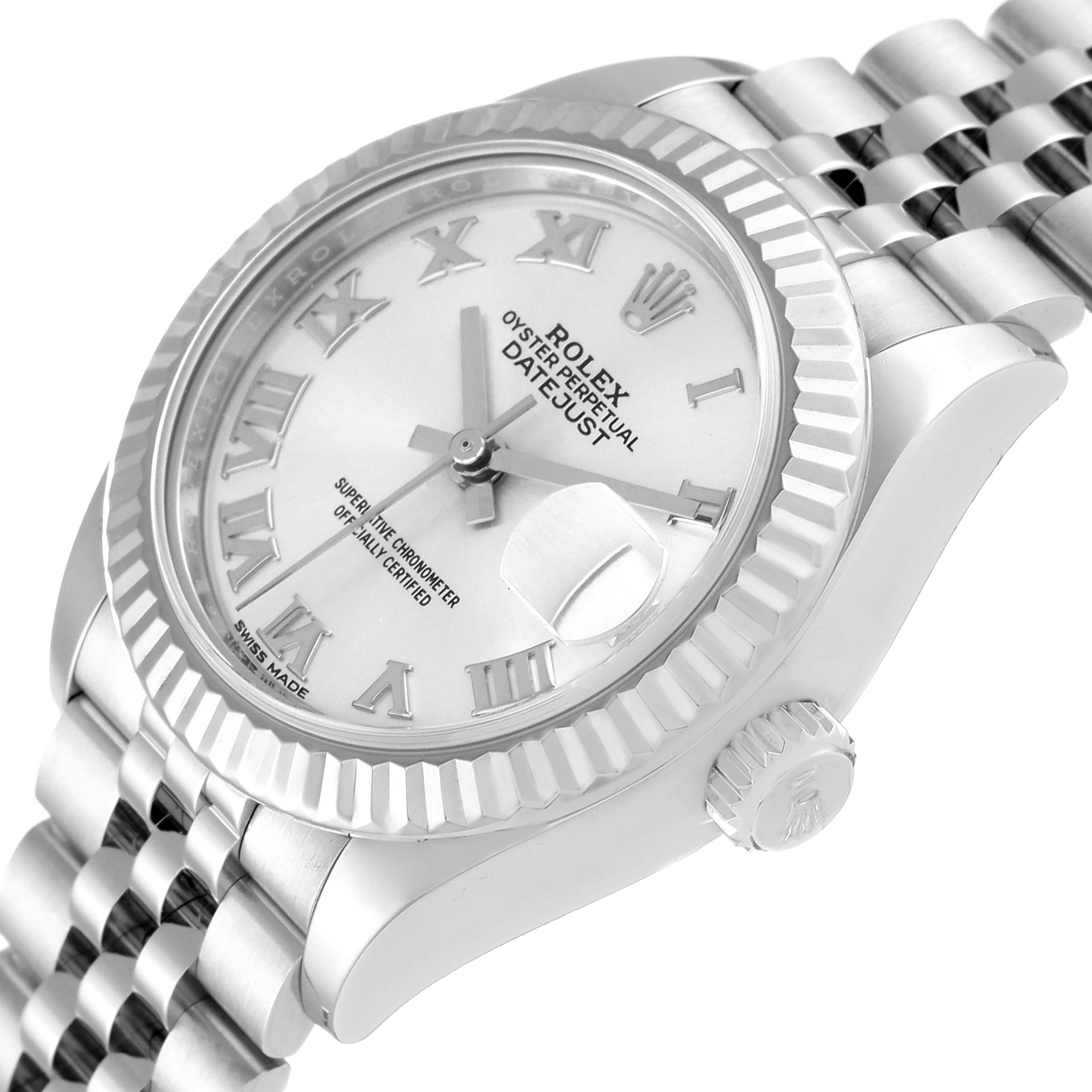This image shows the face, fluted bezel, and Jubilee bracelet of a Rolex Datejust 279174 Women's Stainless Steel Silver Dial 279174 Women's Stainless Steel Silver Dial watch from an angled perspective.