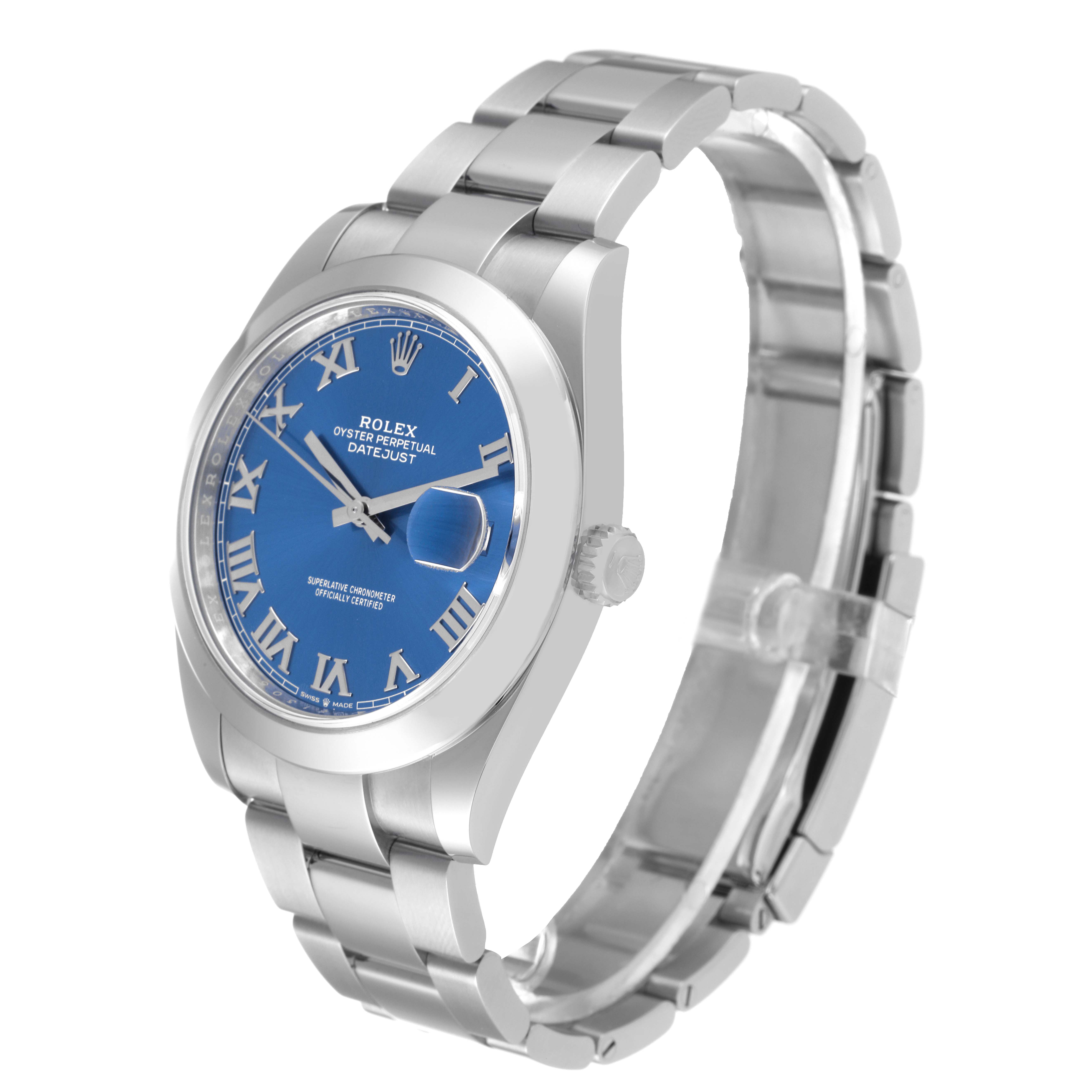 The image shows a three-quarter view of the Rolex Datejust 41 126300 Men
s Stainless Steel Blue Dial 126300 Men
s Stainless Steel Blue Dial watch, featuring its blue dial and stainless steel bracelet.