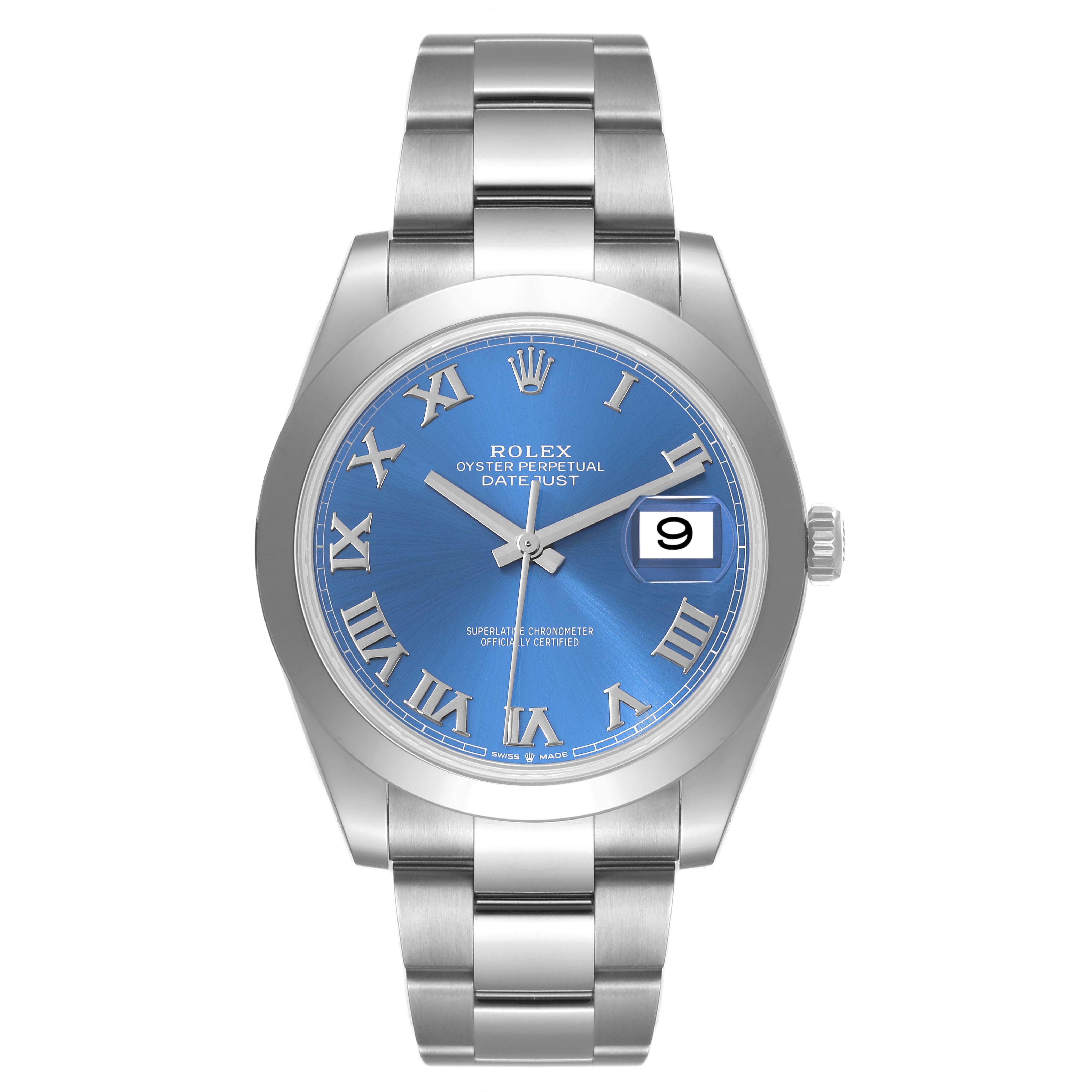 The image shows a full frontal view of a Rolex Datejust 41 126300 Men
s Stainless Steel Blue Dial 126300 Men
s Stainless Steel Blue Dial watch with a blue dial and silver bracelet.