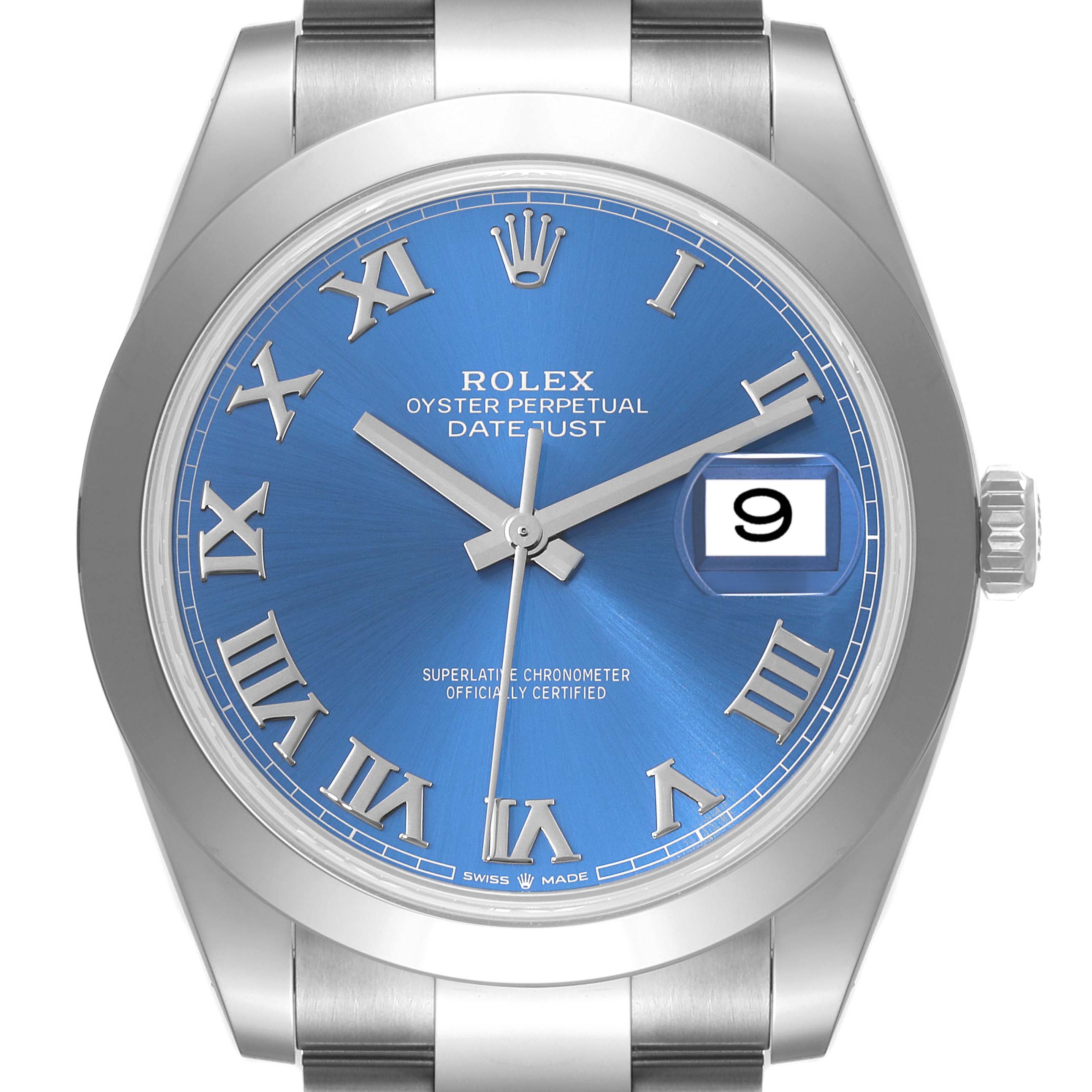 The image shows a front view of the Rolex Datejust 41 126300 Men
s Stainless Steel Blue Dial 126300 Men
s Stainless Steel Blue Dial watch with a blue dial and Roman numerals.