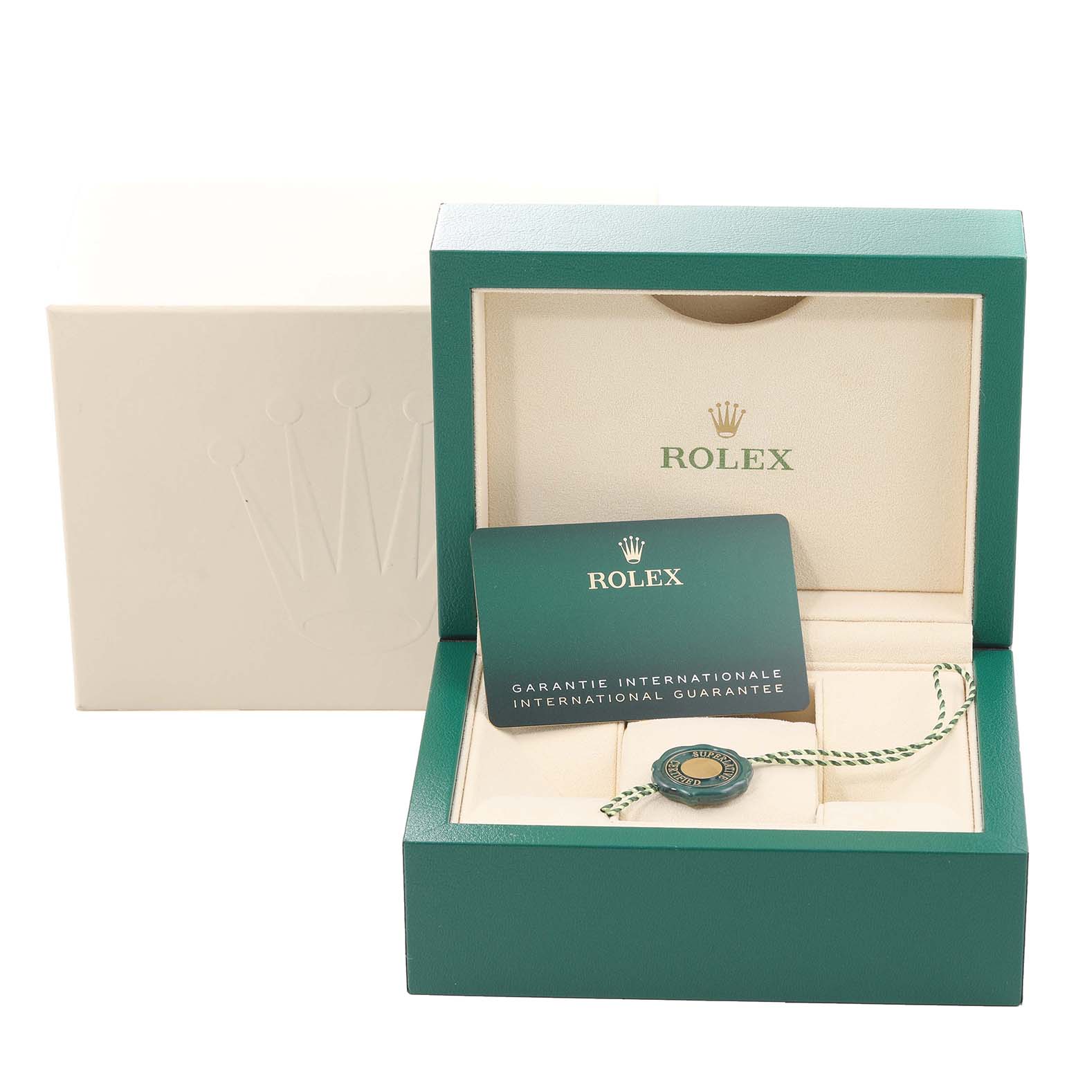 The image shows a Rolex Datejust 41 126300 Men
s Stainless Steel Blue Dial 126300 Men
s Stainless Steel Blue Dial box with a warranty card and a green seal, viewed from the front.