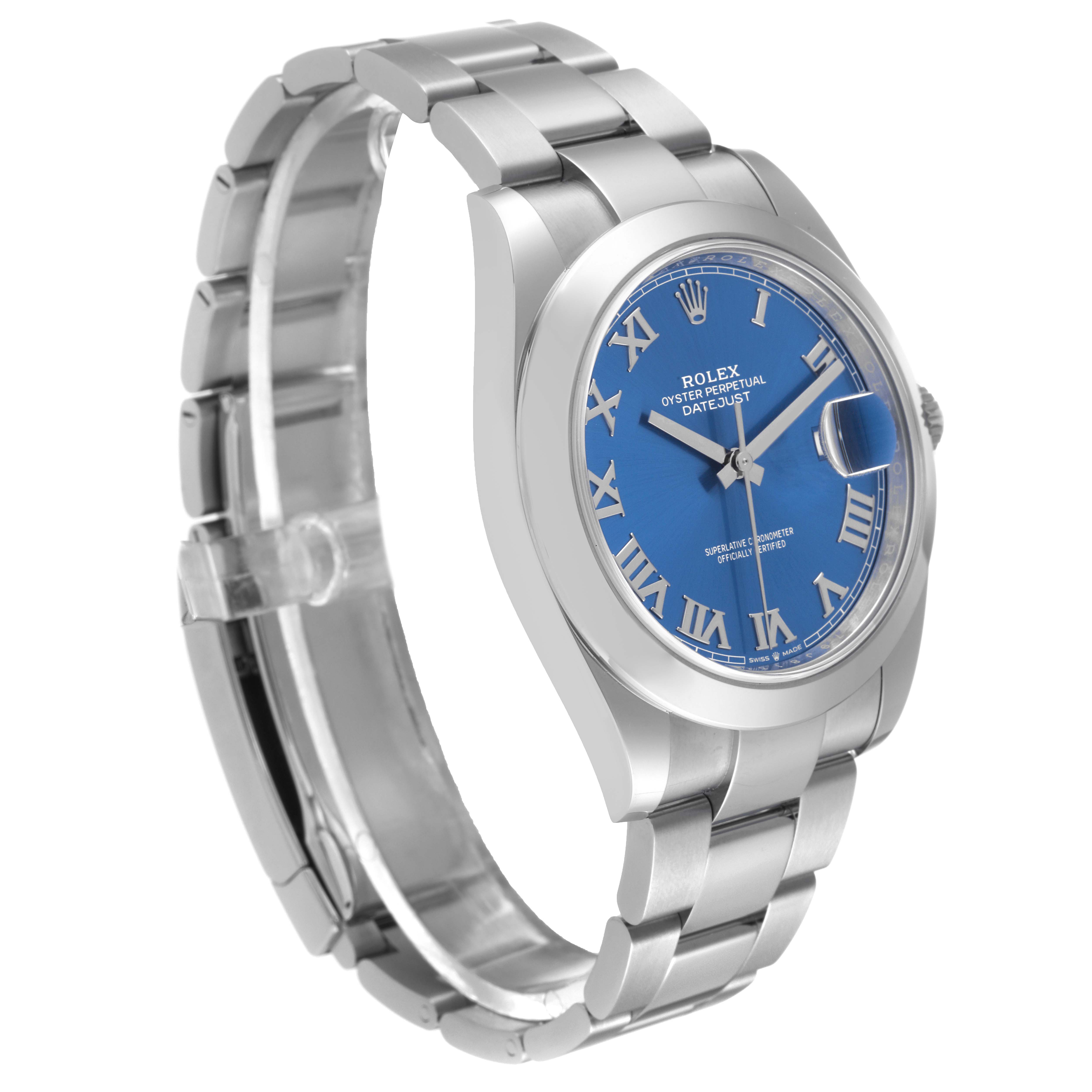 The image shows a side angle of the Rolex Datejust 41 126300 Men
s Stainless Steel Blue Dial 126300 Men
s Stainless Steel Blue Dial watch, highlighting its blue dial, bracelet, and clasp.