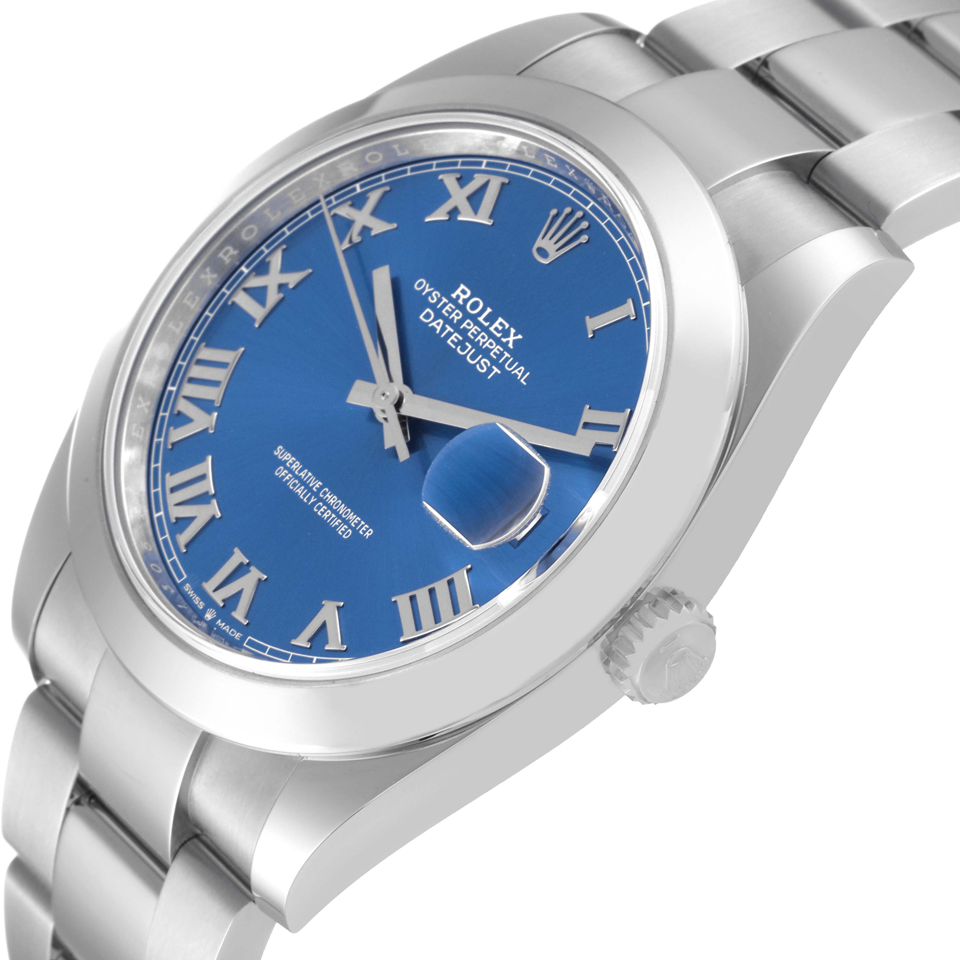 The photo shows a side view of the Rolex Datejust 41 126300 Men
s Stainless Steel Blue Dial 126300 Men
s Stainless Steel Blue Dial watch, highlighting its blue dial, Roman numerals, and bracelet.