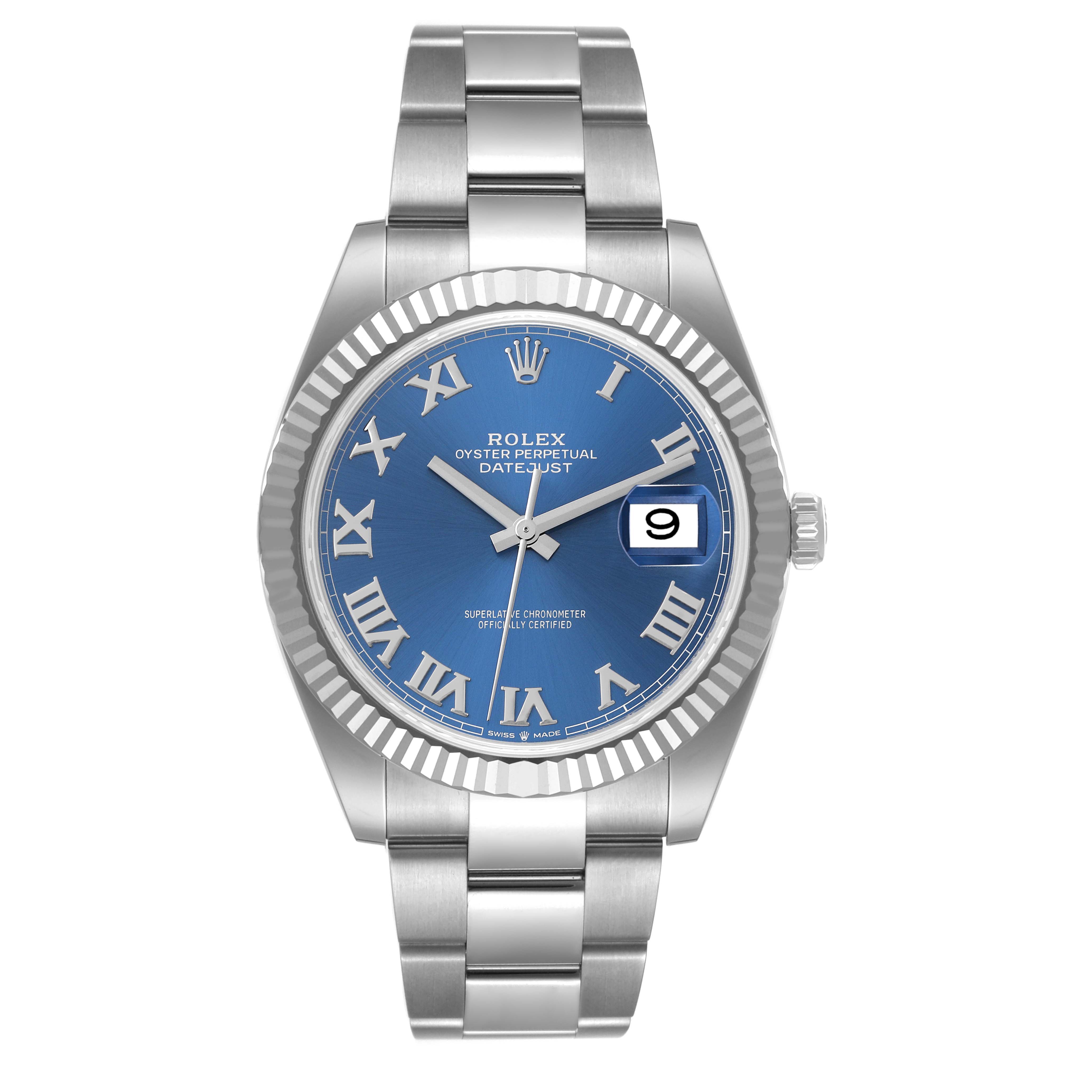 The image shows a frontal view of the Rolex Datejust 41 126334 Men
s Stainless Steel Blue Dial 126334 Men
s Stainless Steel Blue Dial, highlighting its blue dial, Roman numeral markers, and stainless steel bracelet.
