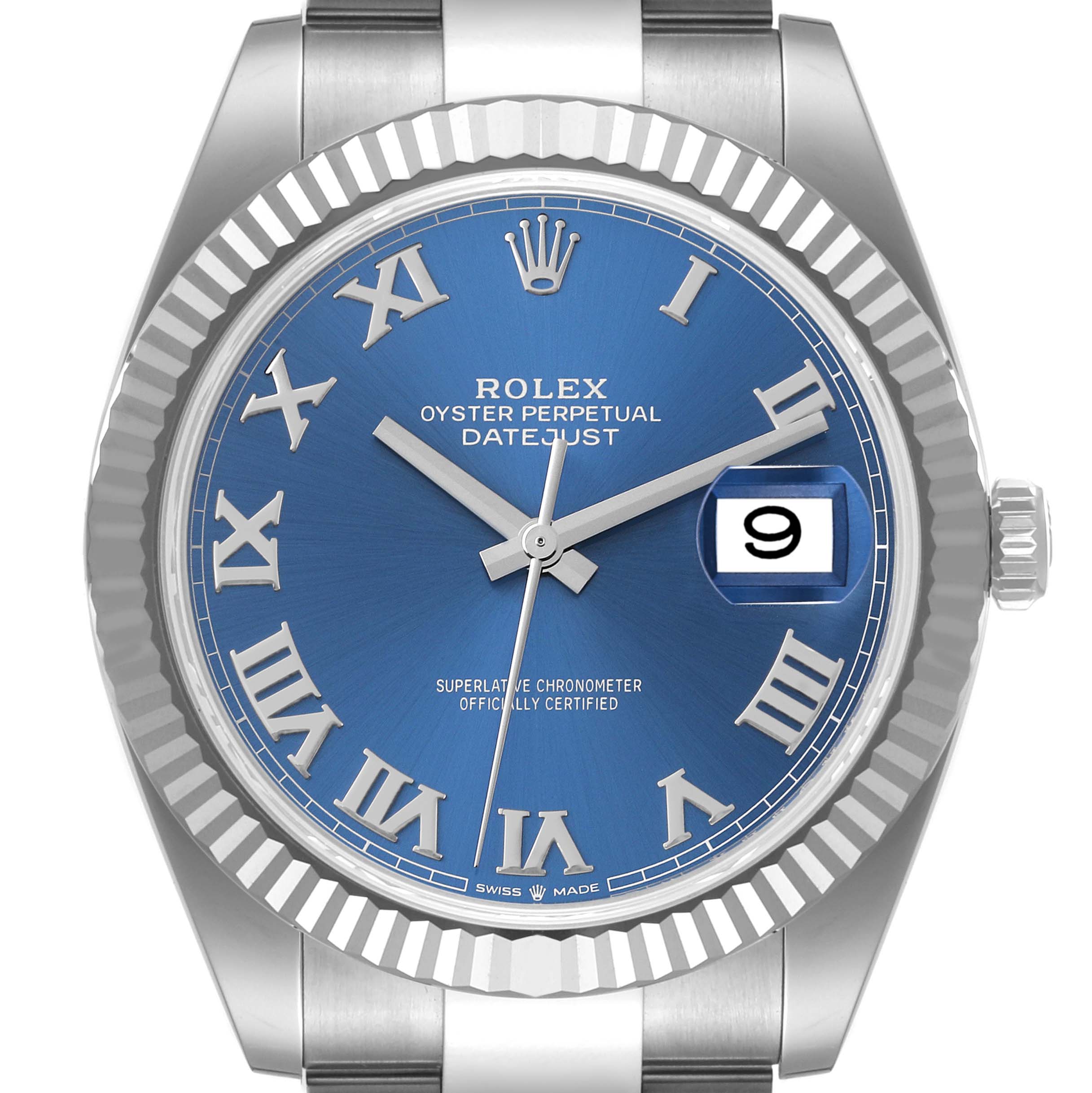 This is a front view of the Rolex Datejust 41 126334 Men
s Stainless Steel Blue Dial 126334 Men
s Stainless Steel Blue Dial watch, showing the blue dial, Roman numerals, fluted bezel, and date window at 3 o
clock.
