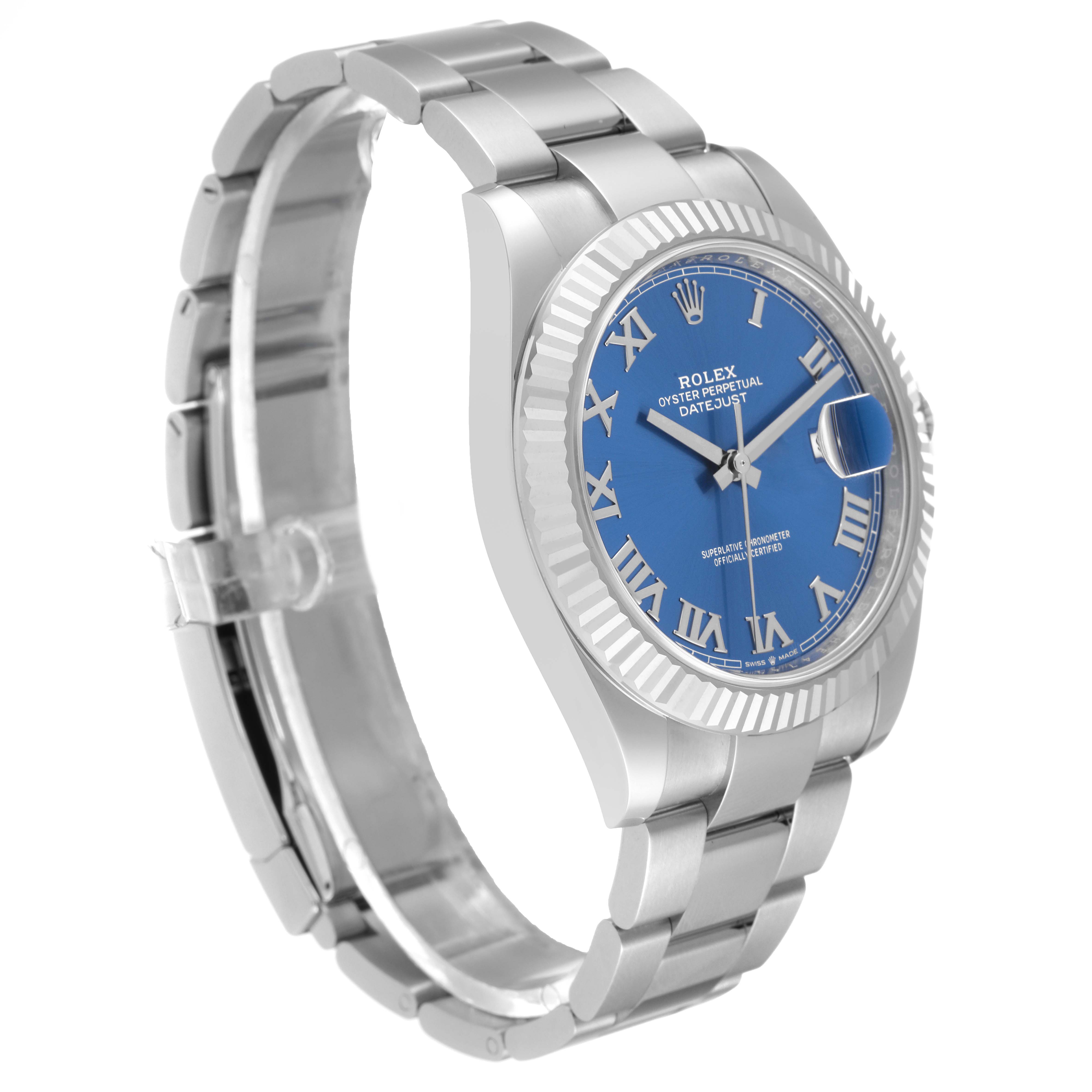 The image shows a side and front view of the Rolex Datejust 41 126334 Men
s Stainless Steel Blue Dial 126334 Men
s Stainless Steel Blue Dial watch, highlighting its blue dial, fluted bezel, and stainless steel bracelet.