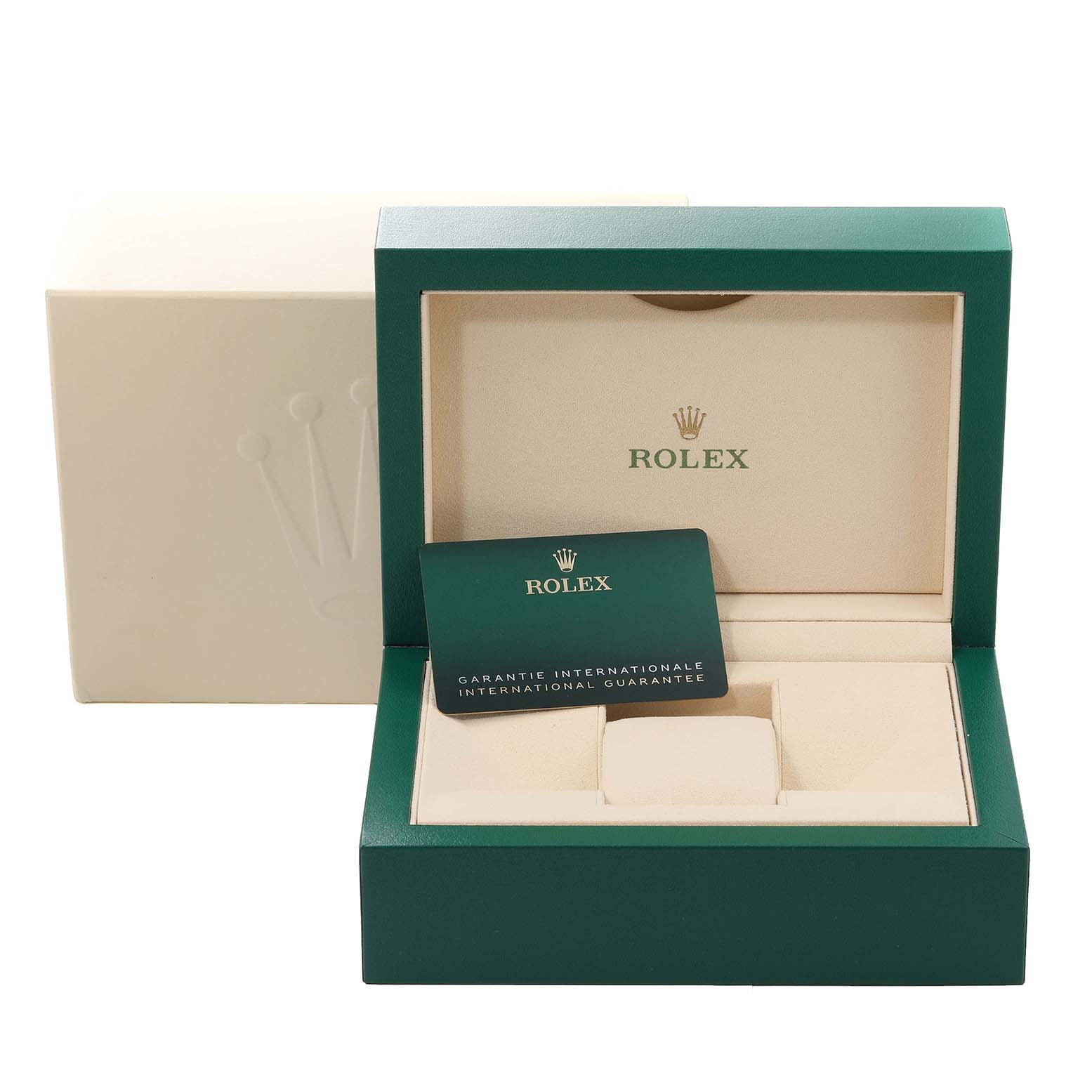 The image shows the open box and warranty card for a Rolex Datejust 41 126334 Men
s Stainless Steel Blue Dial 126334 Men
s Stainless Steel Blue Dial watch.