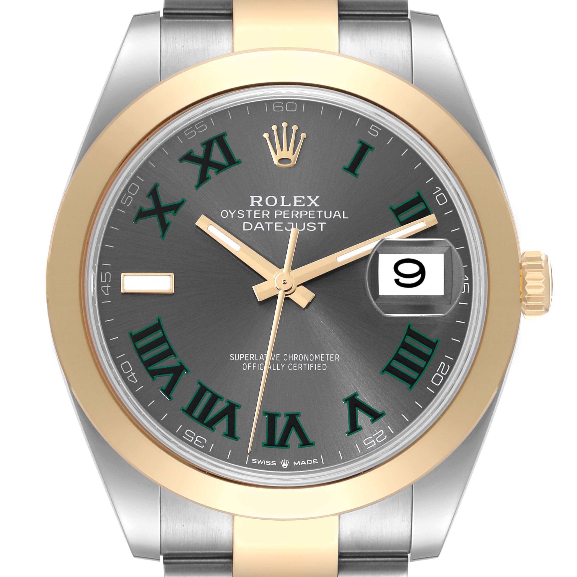 This image shows a front angle of a Rolex Datejust 41 126303 Men's Steel and Gold (two tone) Grey Dial 126303 Men's Steel and Gold (two tone) Grey Dial watch, highlighting the face, bezel, crown, and bracelet.