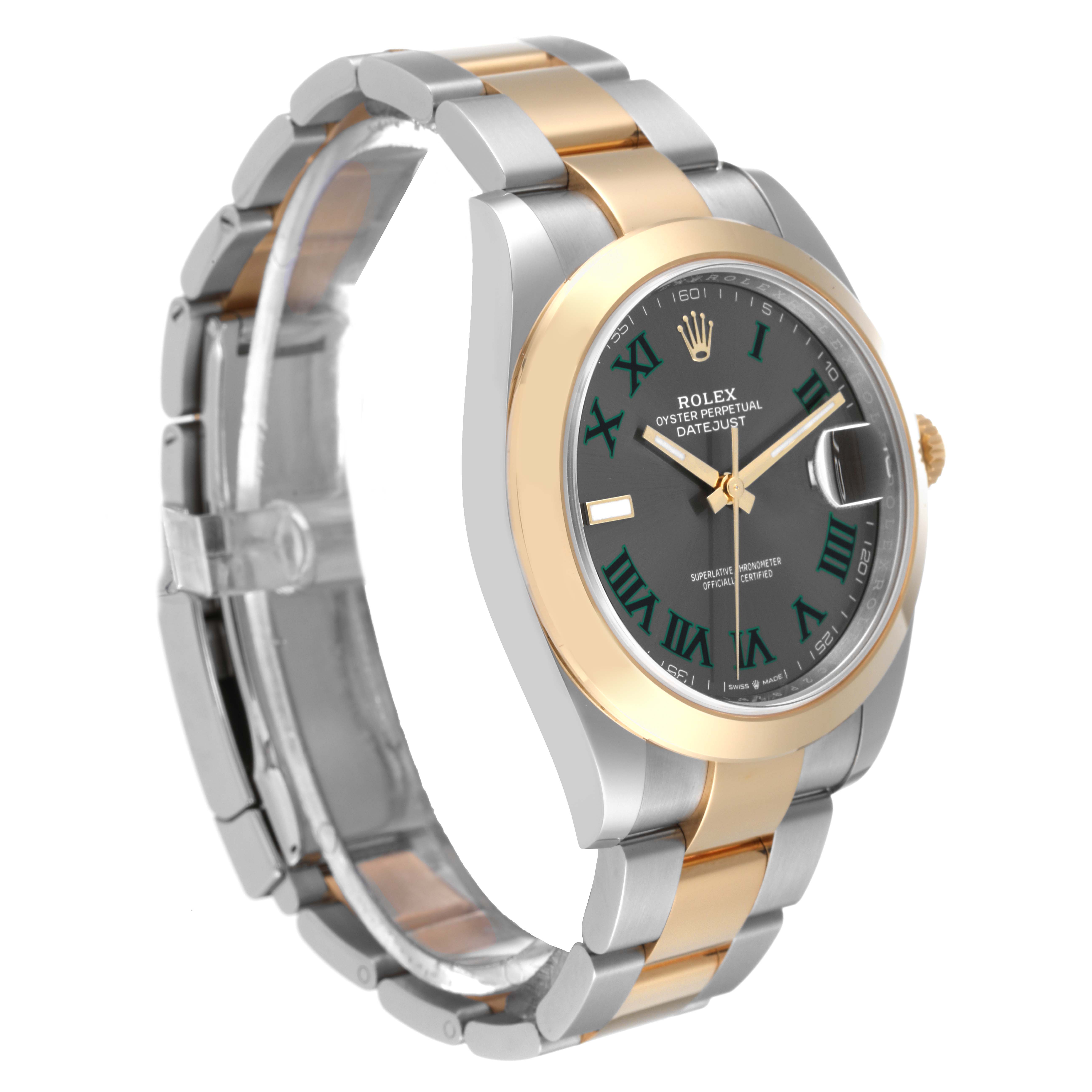 The image shows a side angle of the Rolex Datejust 41 126303 Men's Steel and Gold (two tone) Grey Dial 126303 Men's Steel and Gold (two tone) Grey Dial, displaying the detailed dial, bezel, and two-tone bracelet.