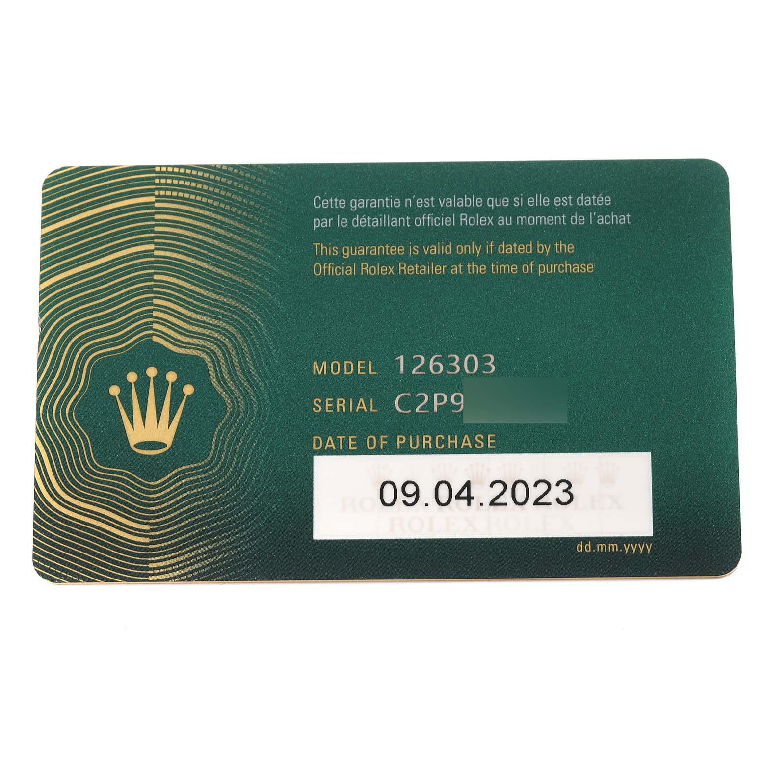 The image shows a guarantee card for the Rolex Datejust 41 126303 Men's Steel and Gold (two tone) Grey Dial 126303 Men's Steel and Gold (two tone) Grey Dial model 126303, displaying the serial number and date of purchase.