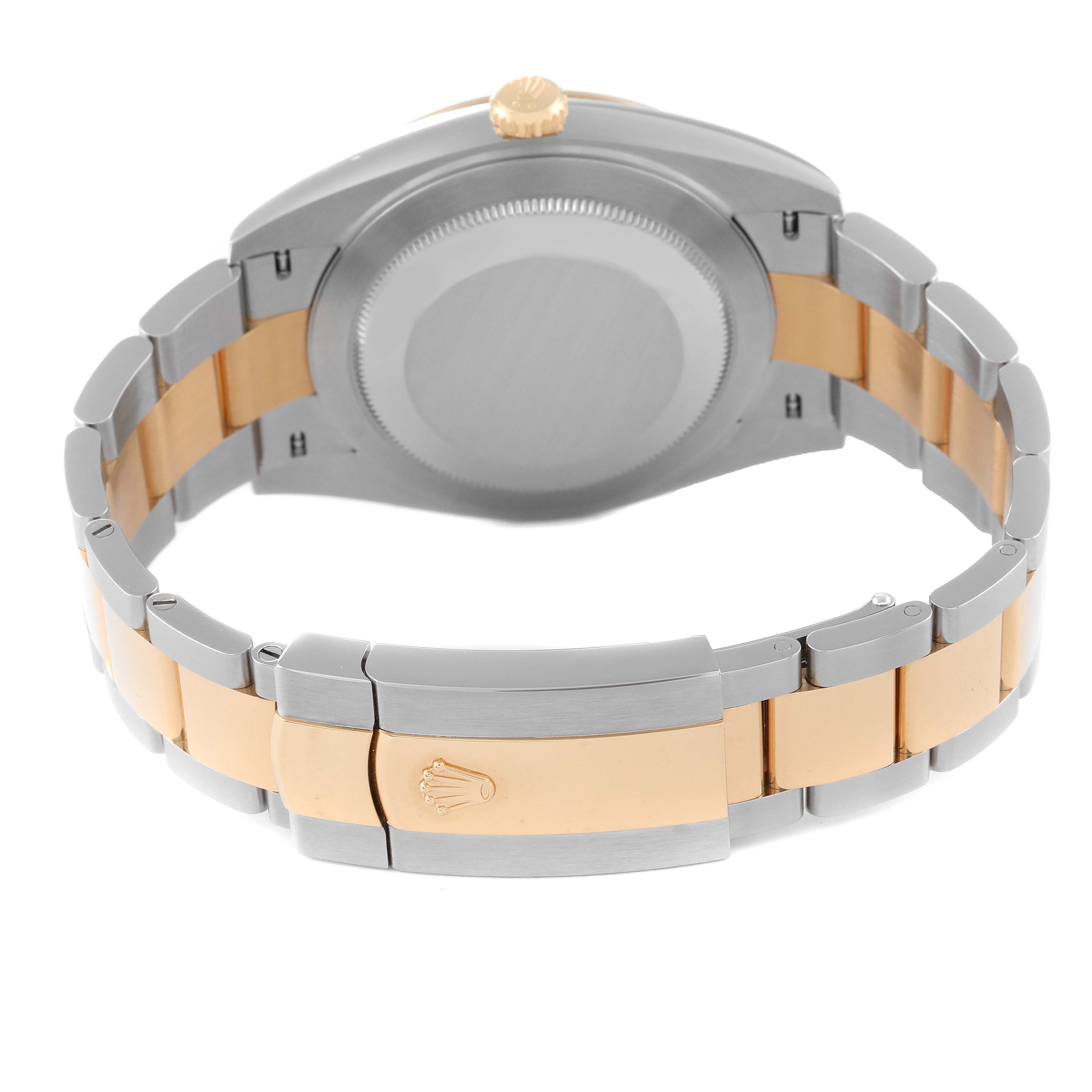 This image shows the back casing and bracelet clasp of a Rolex Datejust 41 126303 Men's Steel and Gold (two tone) Grey Dial 126303 Men's Steel and Gold (two tone) Grey Dial watch.