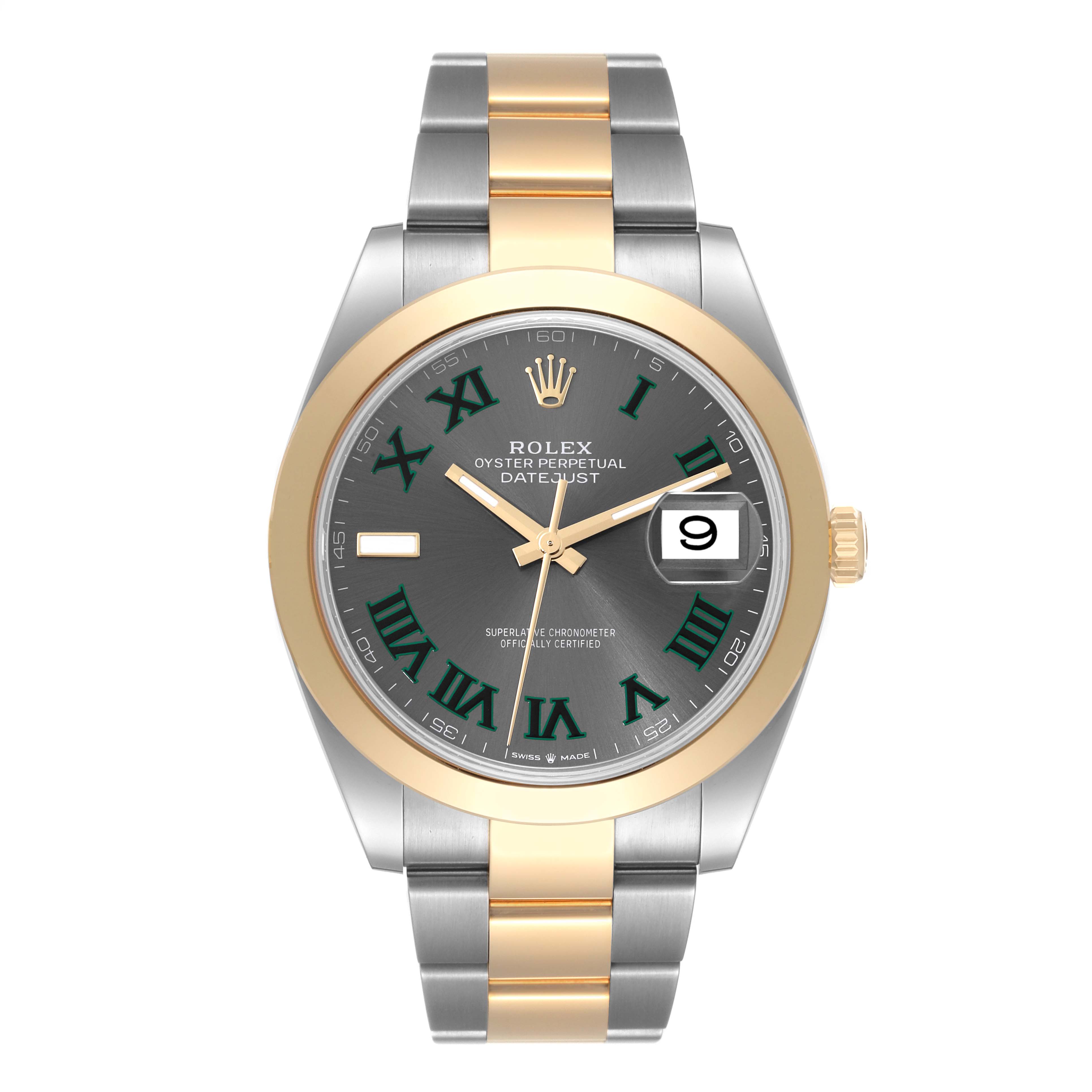 The image shows a front view of the Rolex Datejust 41 126303 Men's Steel and Gold (two tone) Grey Dial 126303 Men's Steel and Gold (two tone) Grey Dial, displaying the dial, bezel, hands, bracelet, and date window.