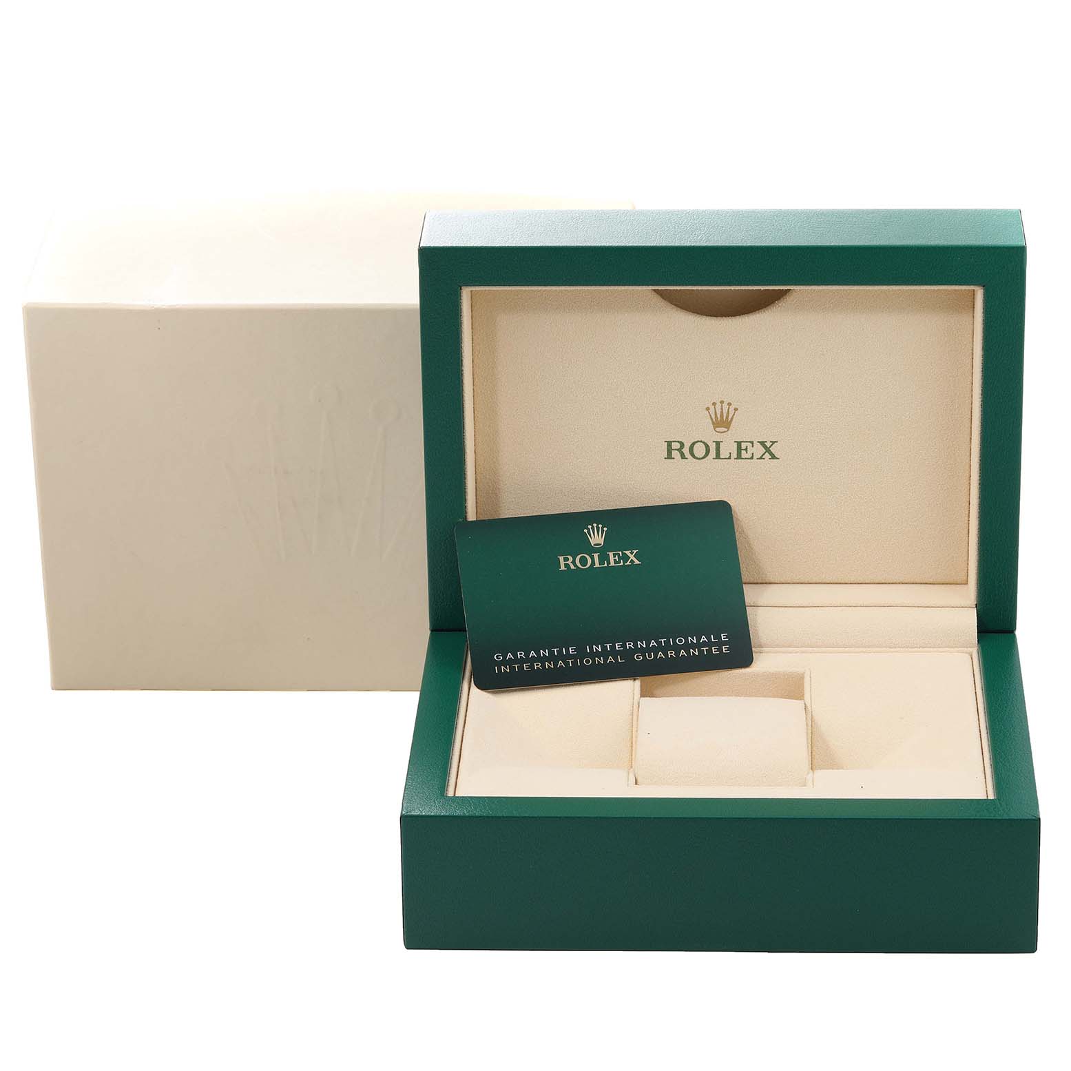 The image shows an open Rolex Datejust 41 126303 Men's Steel and Gold (two tone) Grey Dial 126303 Men's Steel and Gold (two tone) Grey Dial watch box with an international guarantee card inside.