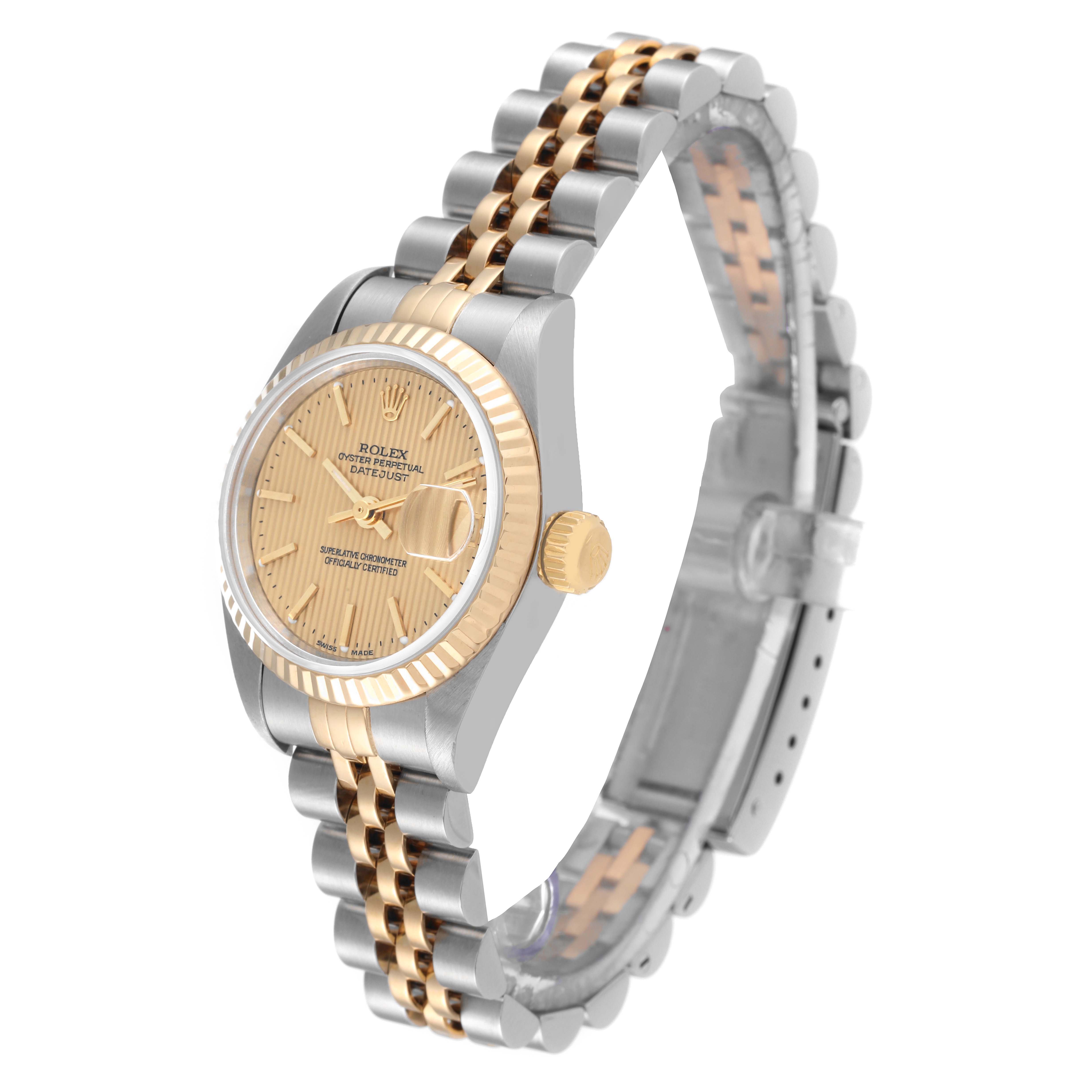 This image shows a side angle of a Rolex Datejust 79173 Women's Steel and Gold (two tone) Champagne Dial 79173 Women's Steel and Gold (two tone) Champagne Dial watch, highlighting its bracelet, dial, and crown.