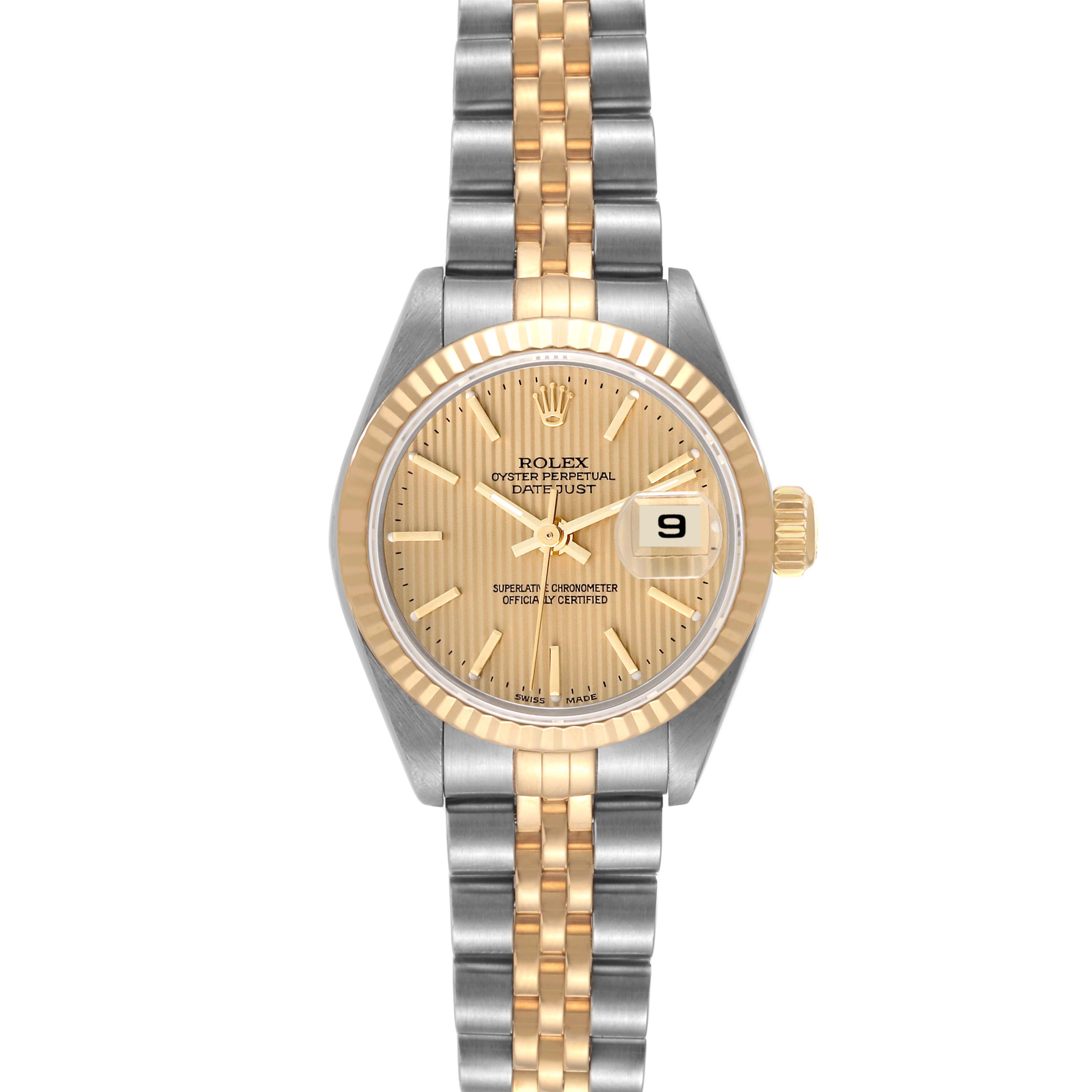 This image shows a front view of the Rolex Datejust 79173 Women's Steel and Gold (two tone) Champagne Dial 79173 Women's Steel and Gold (two tone) Champagne Dial watch displaying the dial, bezel, and bracelet.