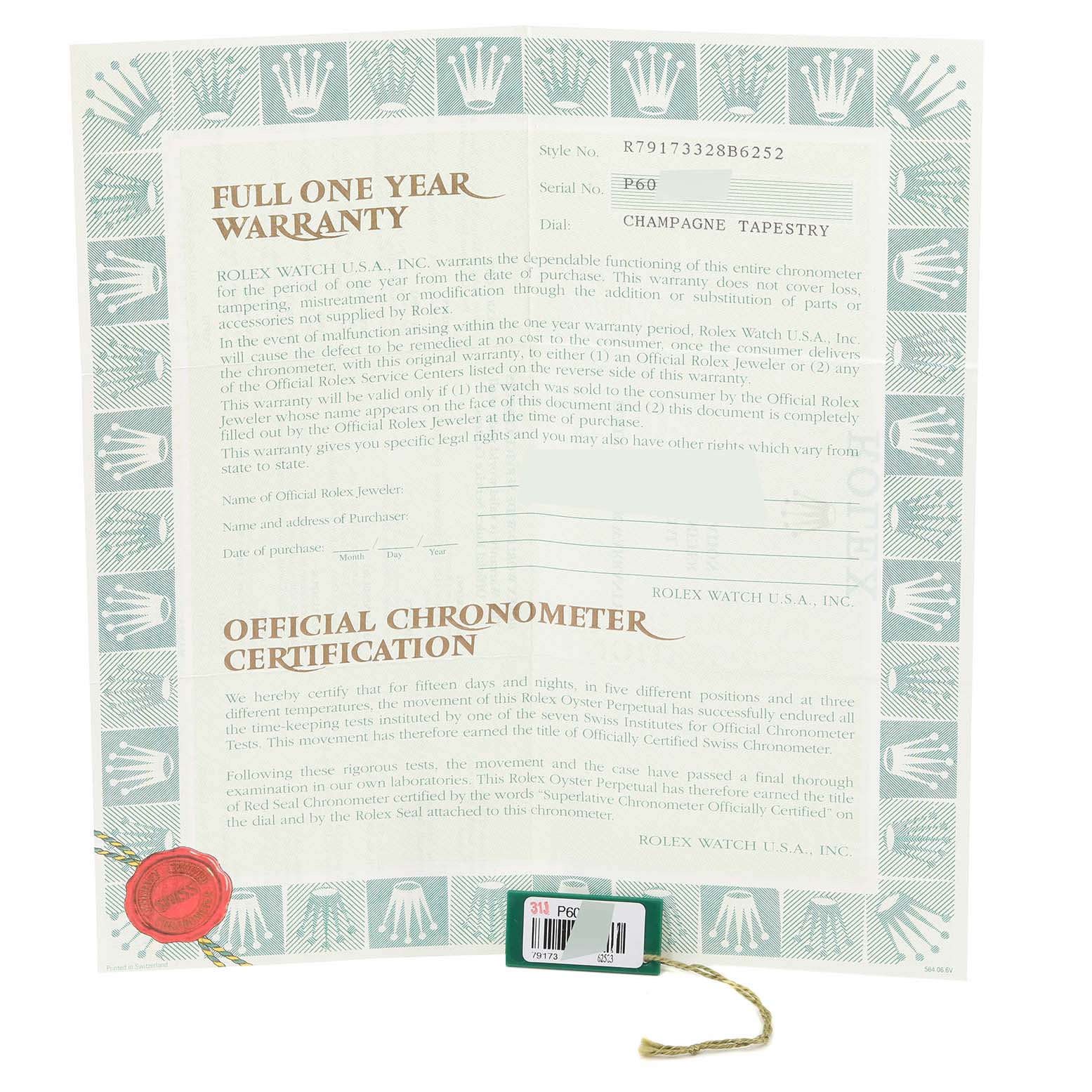 This image shows the full one-year warranty and official chronometer certification for the Rolex Datejust 79173 Women's Steel and Gold (two tone) Champagne Dial 79173 Women's Steel and Gold (two tone) Champagne Dial model.