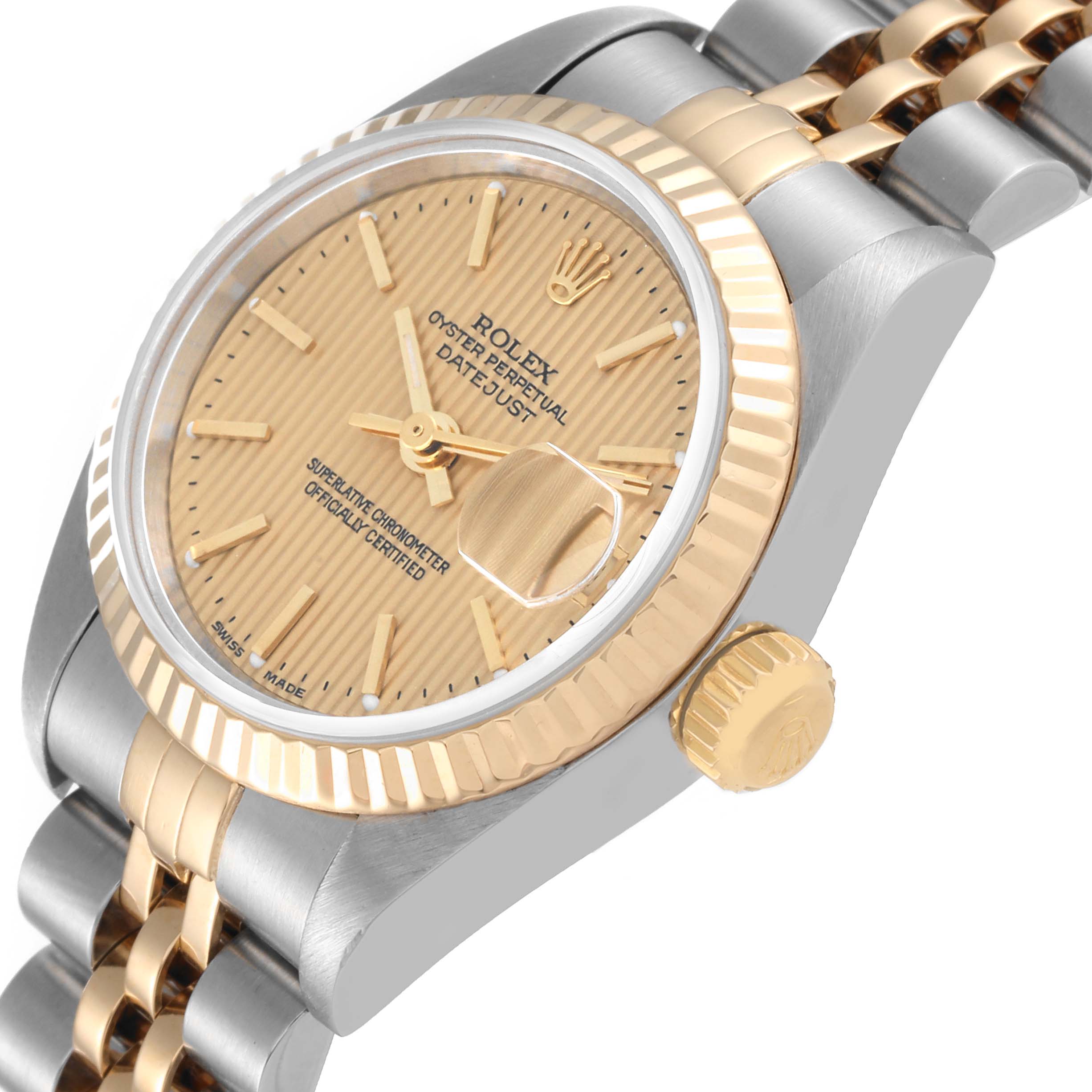 The image shows a close-up, angled view of the Rolex Datejust 79173 Women's Steel and Gold (two tone) Champagne Dial 79173 Women's Steel and Gold (two tone) Champagne Dial watch, highlighting the dial, crown, and part of the bracelet.