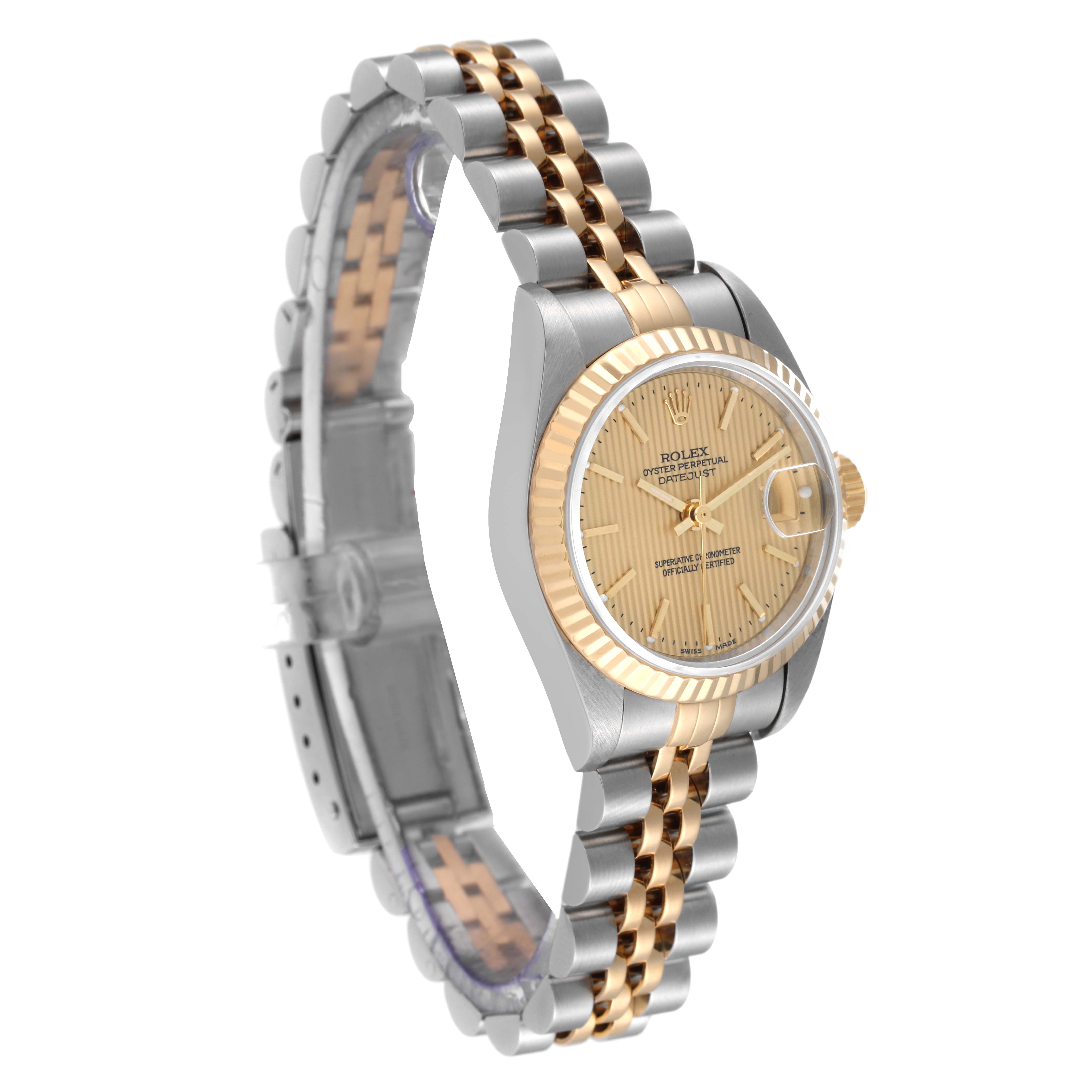 The image shows a side angle of a Rolex Datejust 79173 Women's Steel and Gold (two tone) Champagne Dial 79173 Women's Steel and Gold (two tone) Champagne Dial watch, displaying its two-tone bracelet, fluted bezel, and champagne dial.