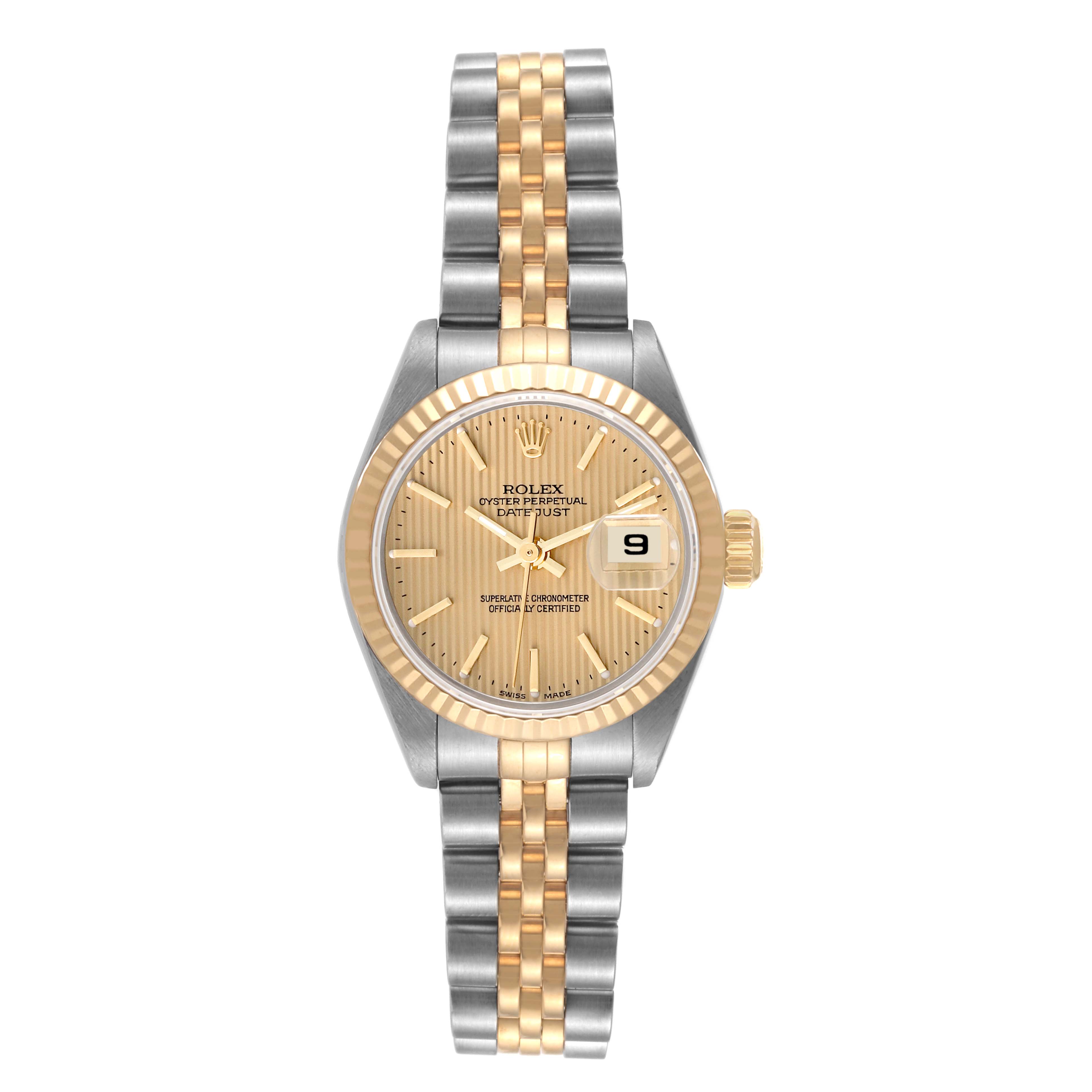 This image shows the Rolex Datejust 79173 Women's Steel and Gold (two tone) Champagne Dial 79173 Women's Steel and Gold (two tone) Champagne Dial watch from a frontal angle, featuring a two-tone bracelet and a date display on the dial.
