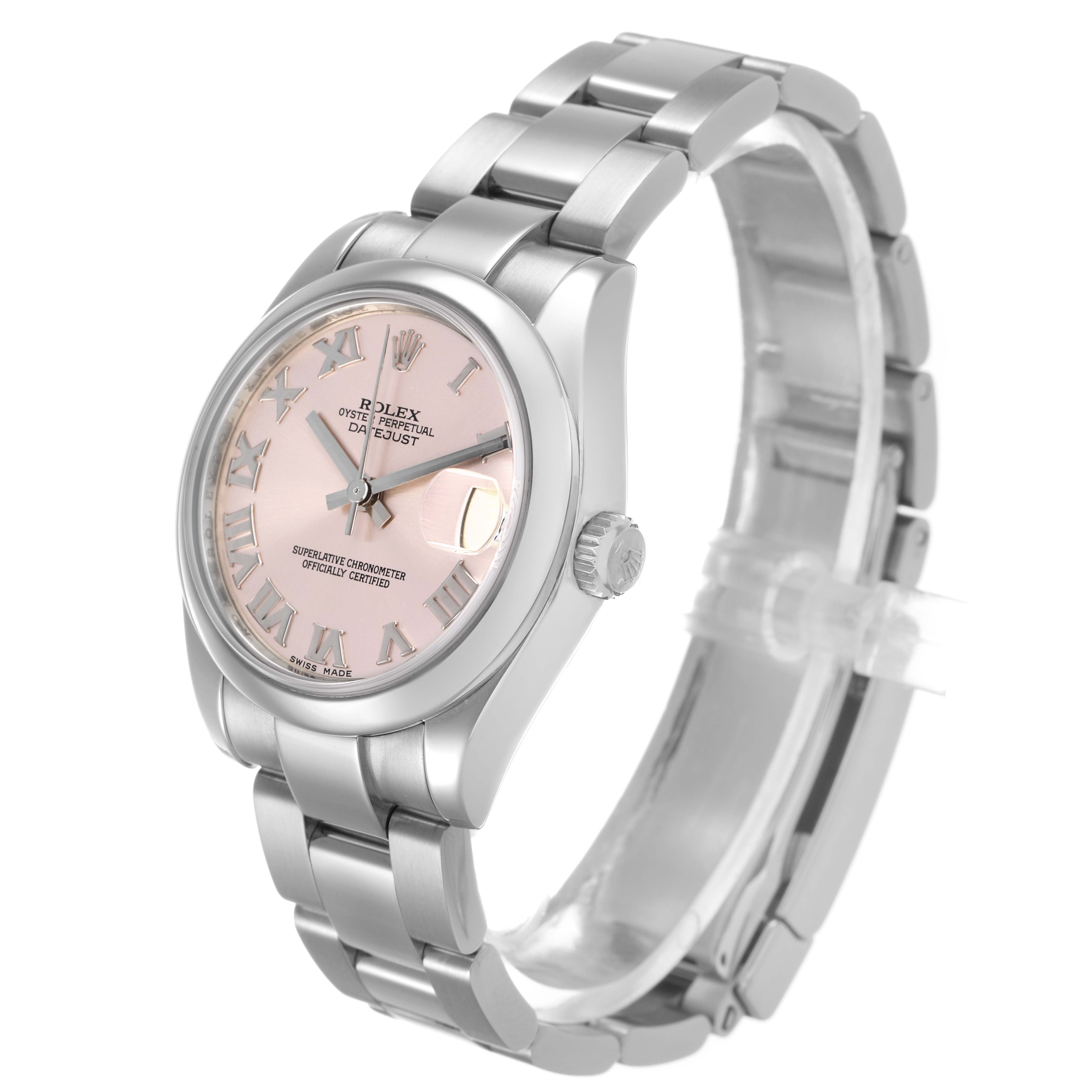 The Rolex Datejust 178240 Women's Stainless Steel Pink Dial watch is shown at a three-quarter angle, highlighting the pink dial, bracelet, and crown.