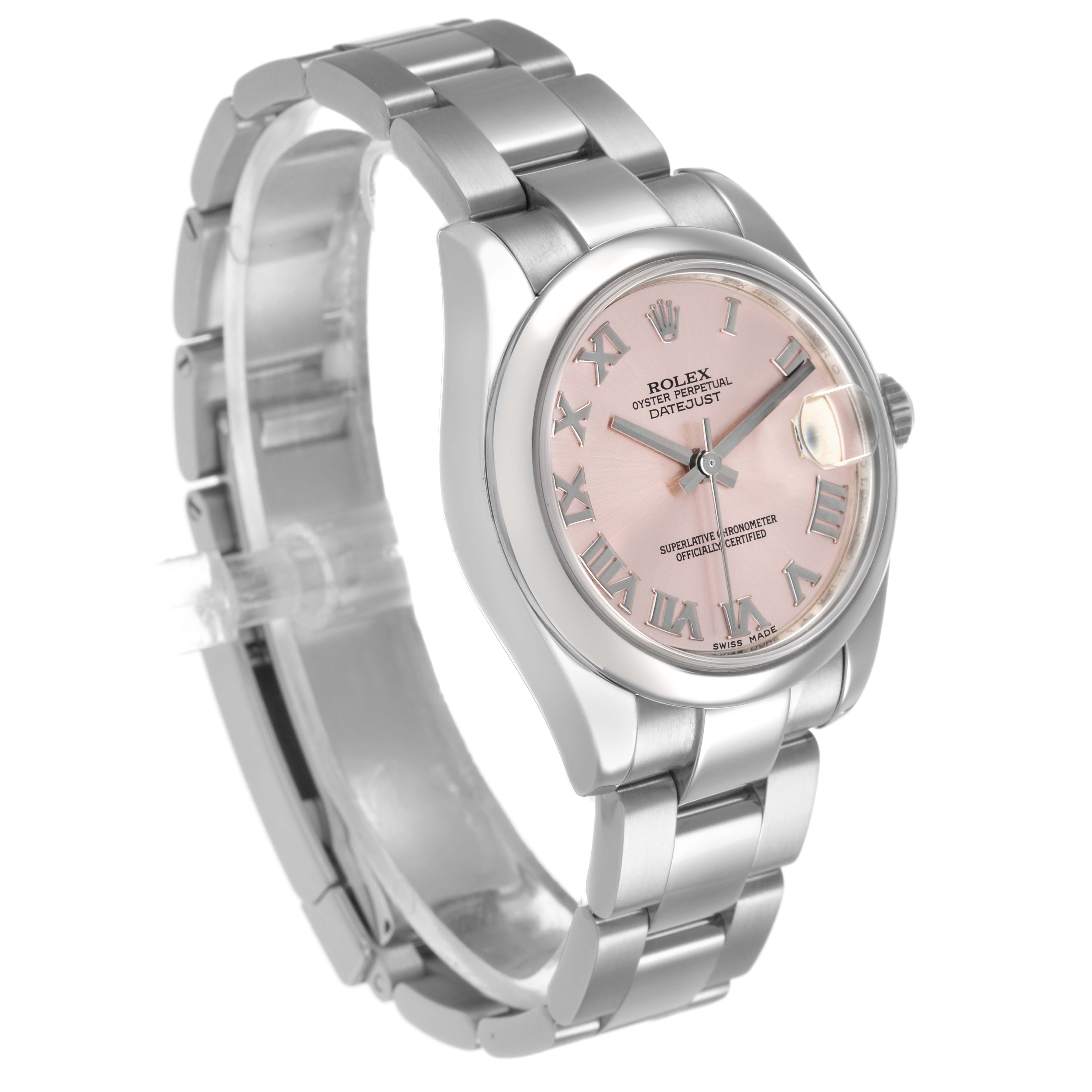 The Rolex Datejust 178240 Women's Stainless Steel Pink Dial watch is shown at an angle highlighting the pink dial, roman numerals, and stainless steel bracelet.