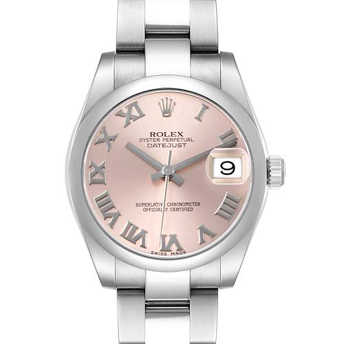 The Rolex Datejust 178240 Women's Stainless Steel Pink Dial watch is shown from a front angle, displaying the face, bezel, crown, and part of the bracelet.