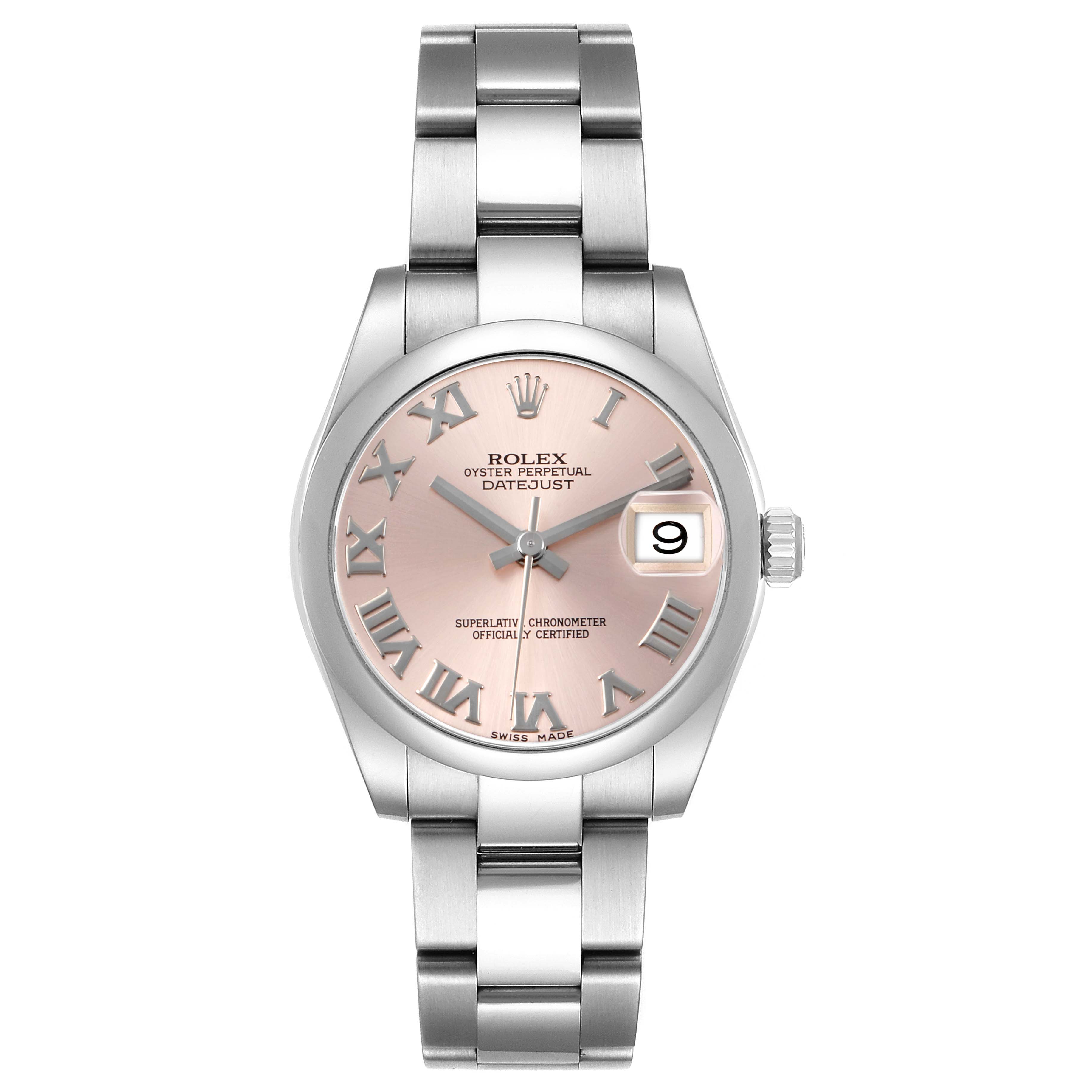 The Rolex Datejust 178240 Women's Stainless Steel Pink Dial watch is shown from the front, displaying its dial, hands, bezel, and bracelet.