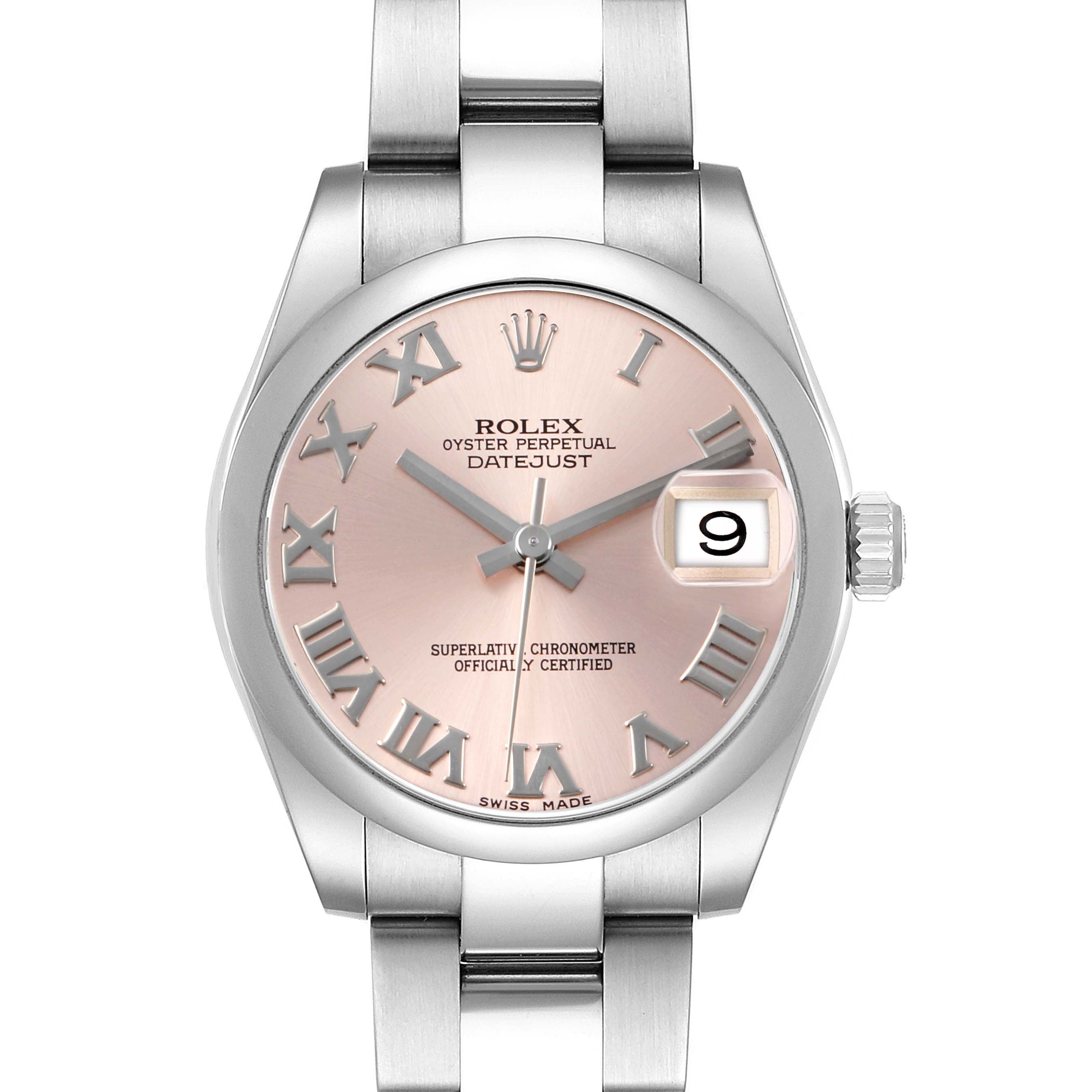 The Rolex Datejust 178240 Women's Stainless Steel Pink Dial watch is shown from a top-down angle, displaying its dial, bezel, hands, bracelet, and date window.