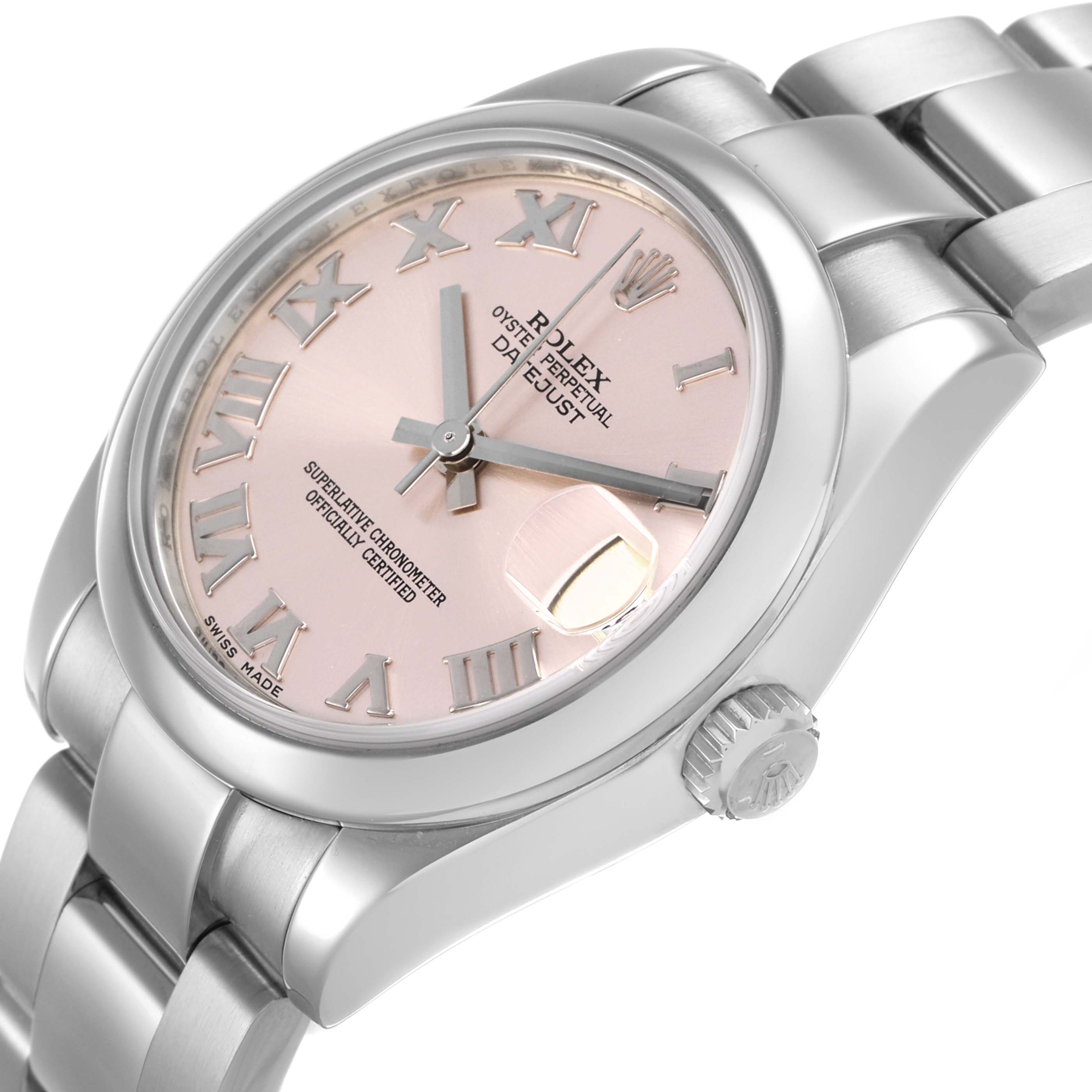 The Rolex Datejust 178240 Women's Stainless Steel Pink Dial watch is shown at a slight angle, highlighting its dial, crown, and bracelet.