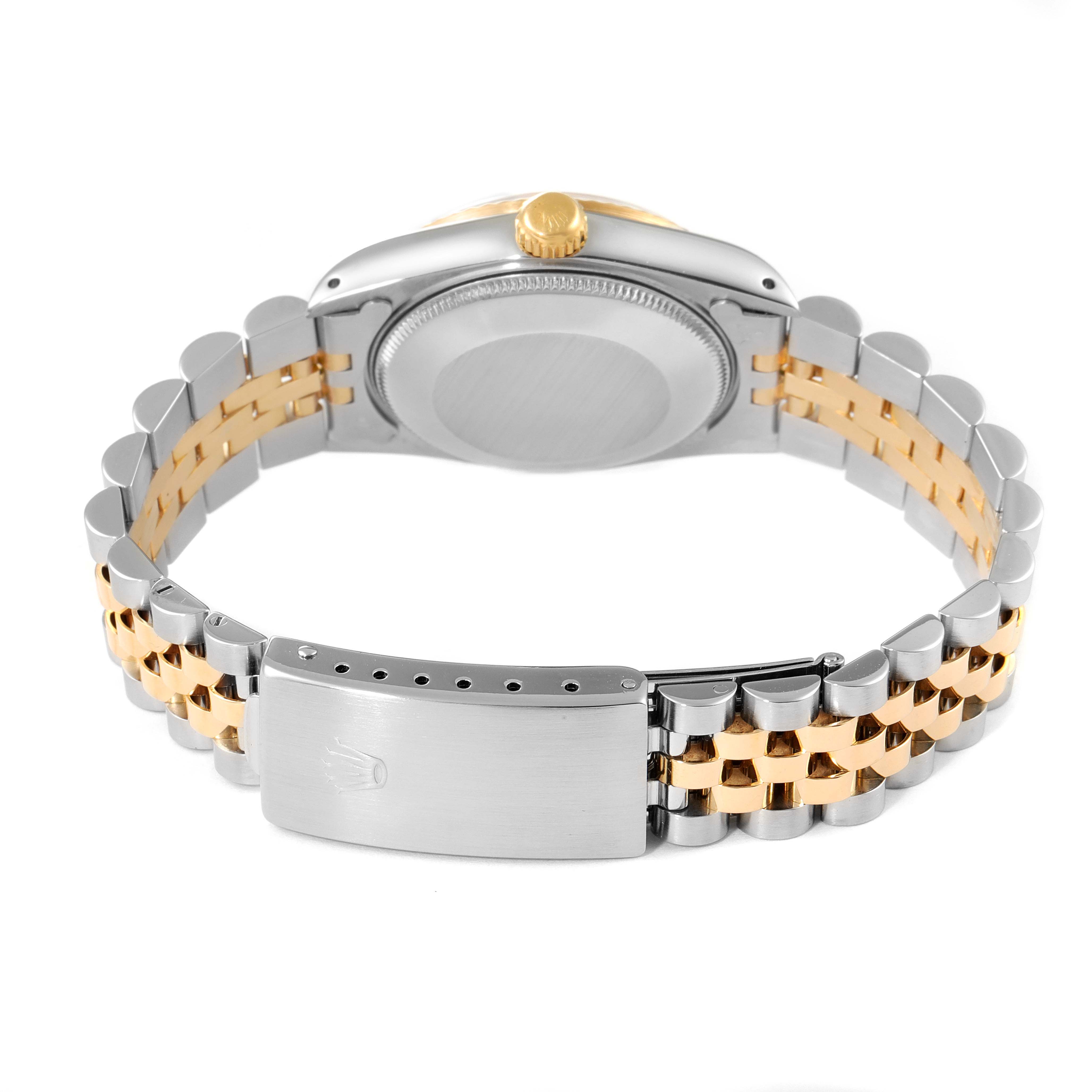 This Rolex Mid-Size 68273 Women's Steel and Gold (two tone) Champagne Dial 68273 Women's Steel and Gold (two tone) Champagne Dial model is shown from the back, highlighting the case back, crown, and two-tone bracelet with an engraved clasp.