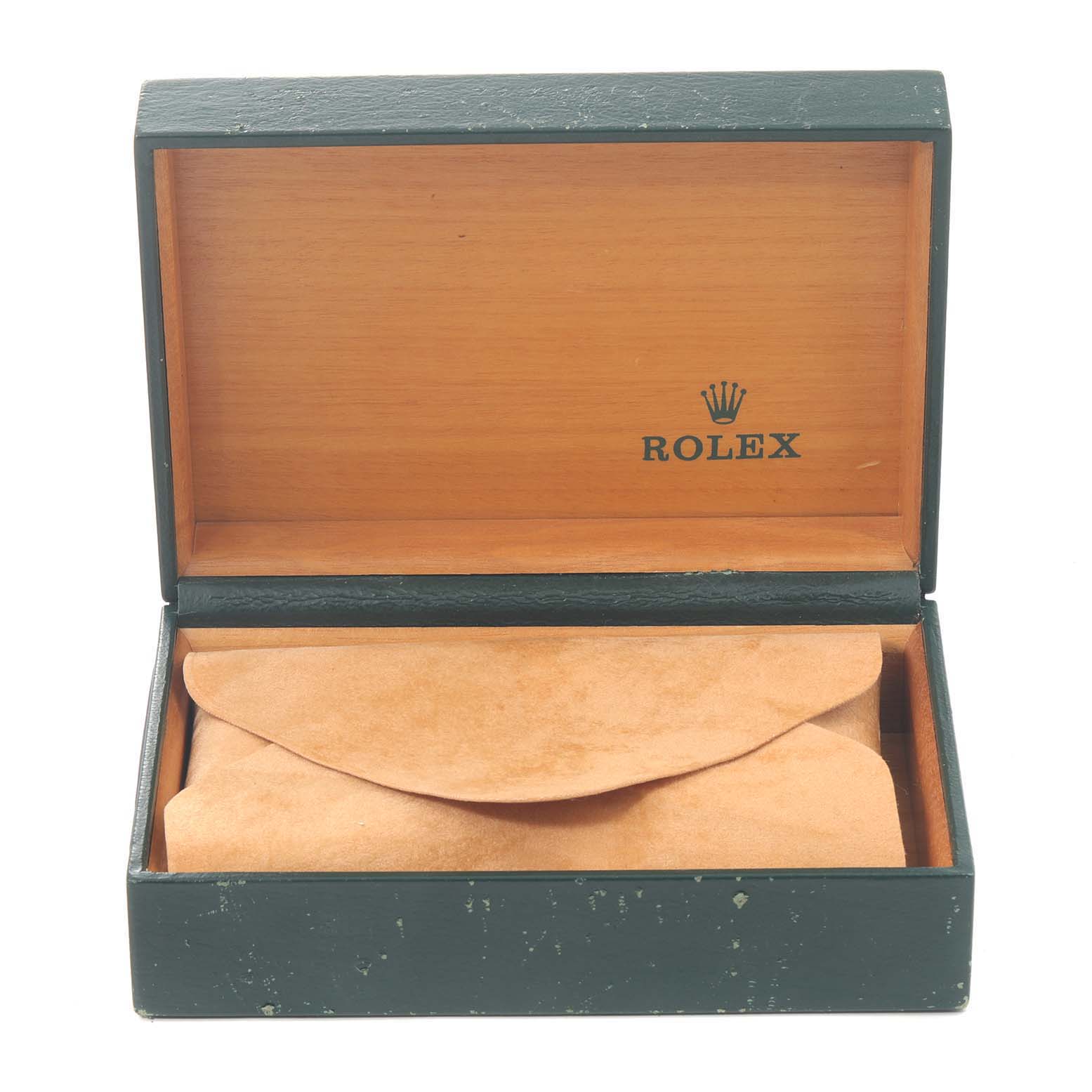 The image shows an open wooden Rolex box with a Rolex Mid-Size 68273 Women's Steel and Gold (two tone) Champagne Dial 68273 Women's Steel and Gold (two tone) Champagne Dial model watch inside a protective pouch.