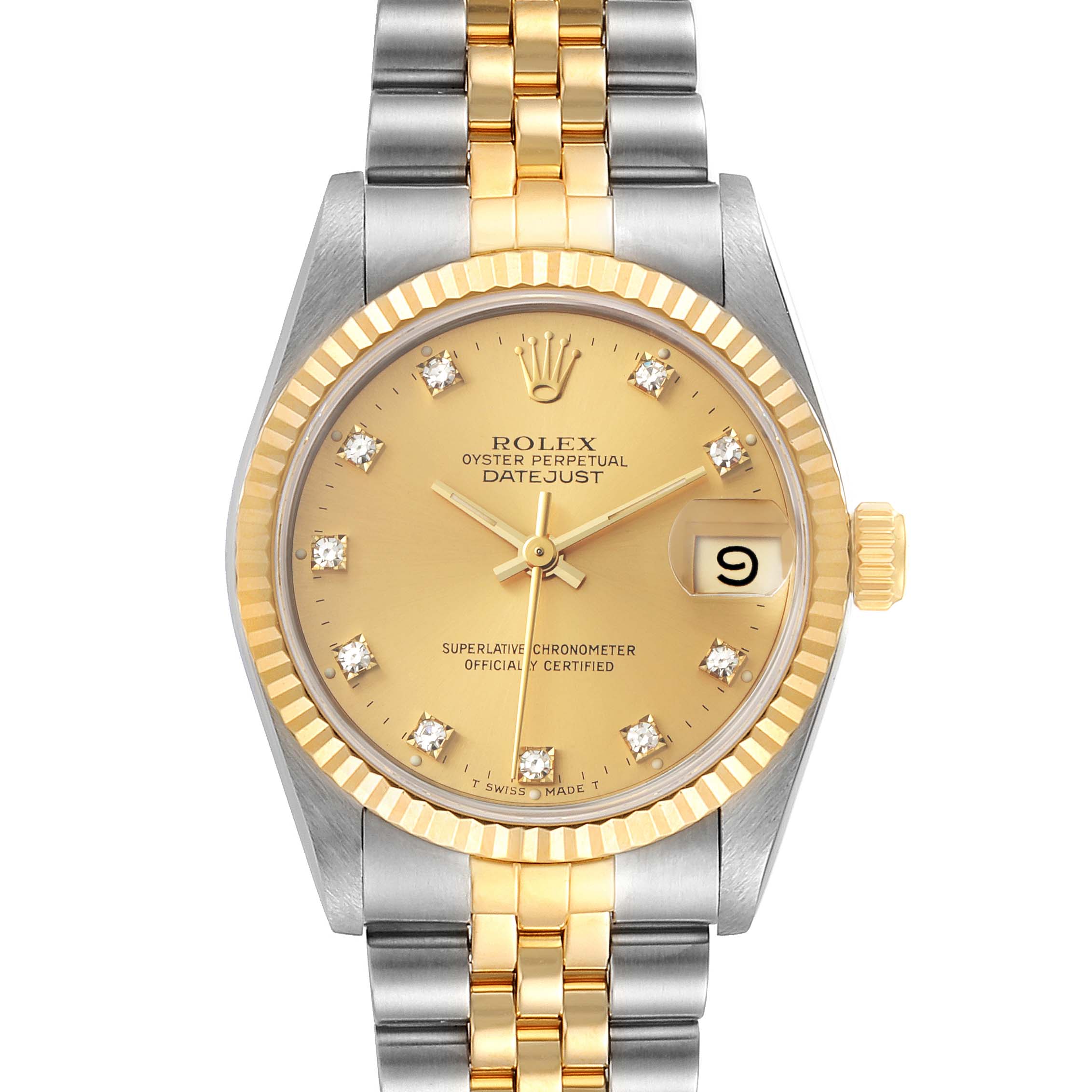 The image shows a front view of a Rolex Oyster Perpetual Datejust Mid-Size watch, highlighting its dial, bezel, and bracelet.