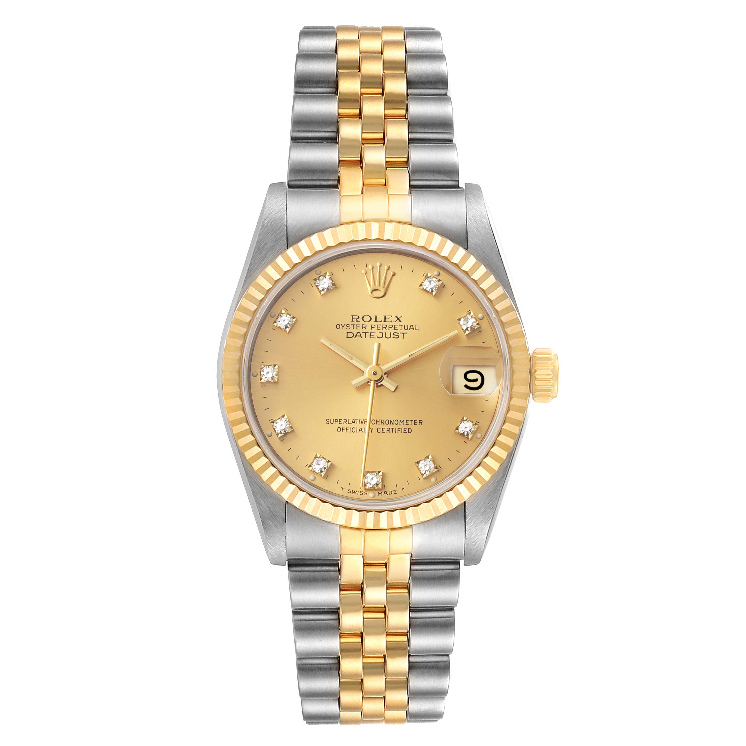 The image shows a front view of a Rolex Mid-Size 68273 Women's Steel and Gold (two tone) Champagne Dial 68273 Women's Steel and Gold (two tone) Champagne Dial Datejust watch with a two-tone bracelet and a gold dial.