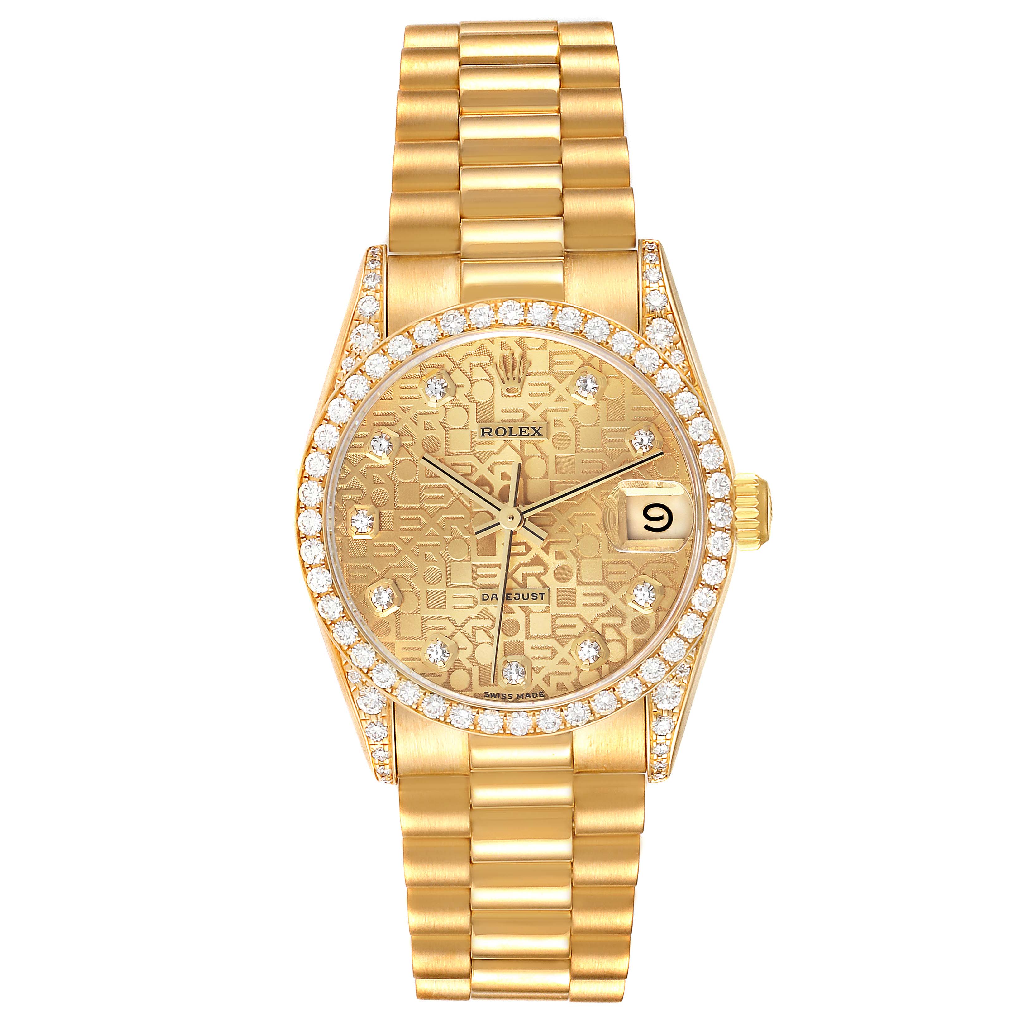 This image shows a Rolex President 68158 Women
s Yellow Gold Champagne Dial 68158 Women
s Yellow Gold Champagne Dial model watch from a top-down angle, highlighting its gold bracelet, diamond bezel, and patterned dial.