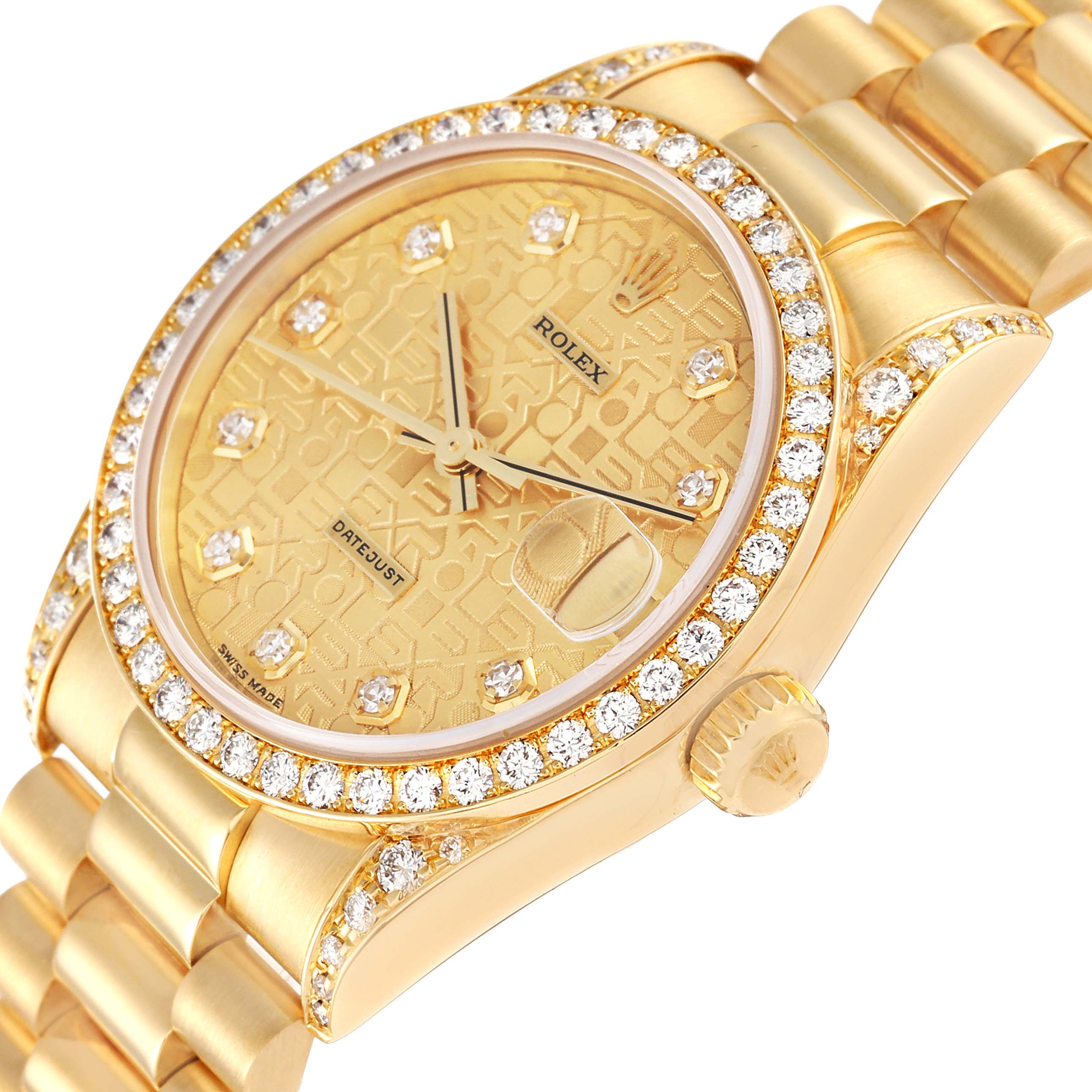 The image shows the front and right side of the Rolex President 68158 Women
s Yellow Gold Champagne Dial 68158 Women
s Yellow Gold Champagne Dial model watch, including the dial, bezel, case, and part of the bracelet.