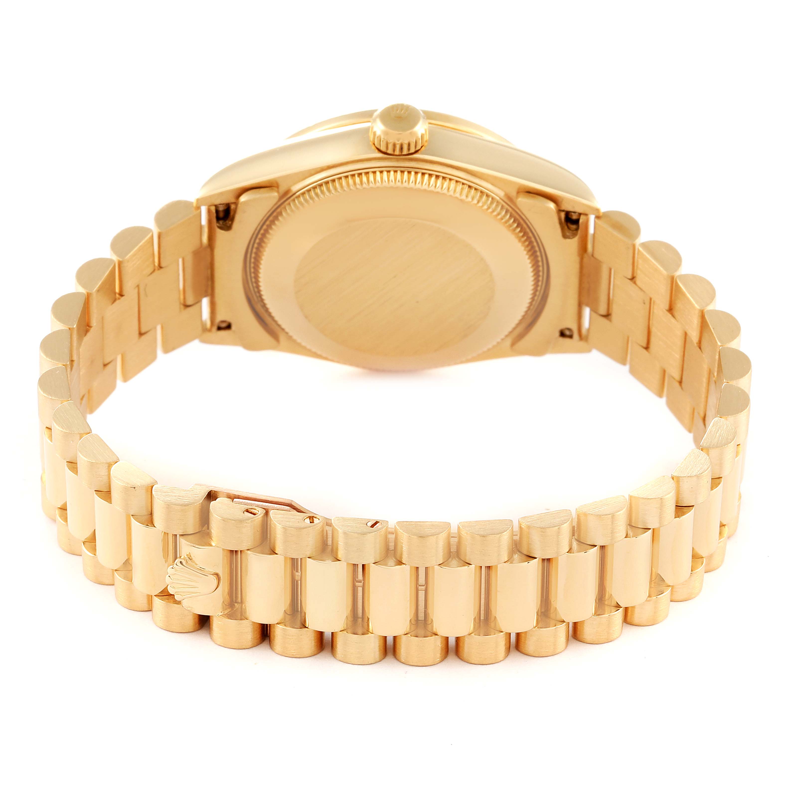 The image shows the back view of a Rolex President 68158 Women
s Yellow Gold Champagne Dial 68158 Women
s Yellow Gold Champagne Dial model watch, highlighting its case back and bracelet.