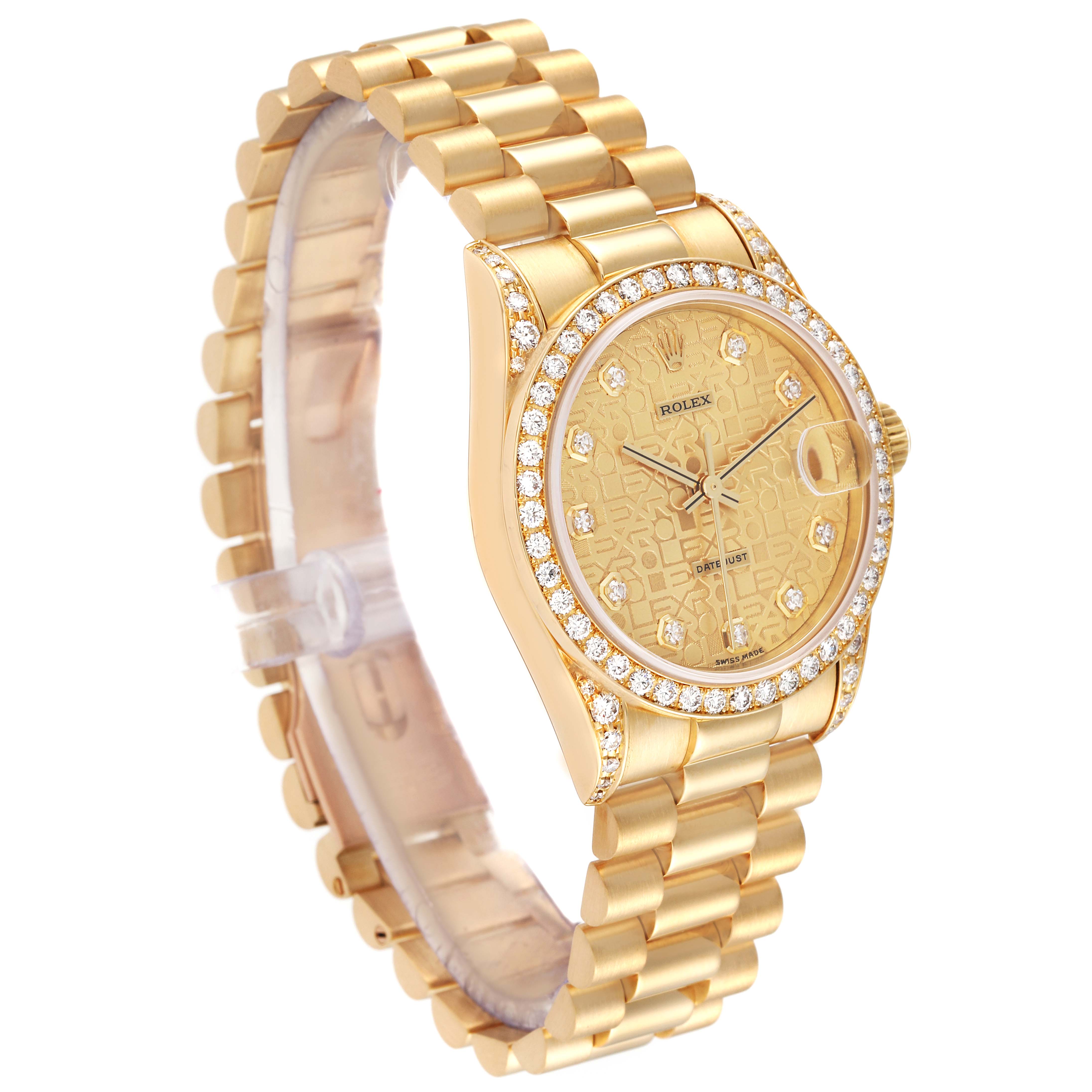 The image shows a Rolex President 68158 Women
s Yellow Gold Champagne Dial 68158 Women
s Yellow Gold Champagne Dial model watch at a three-quarter angle, displaying its bracelet, bezel, dial, and crown.