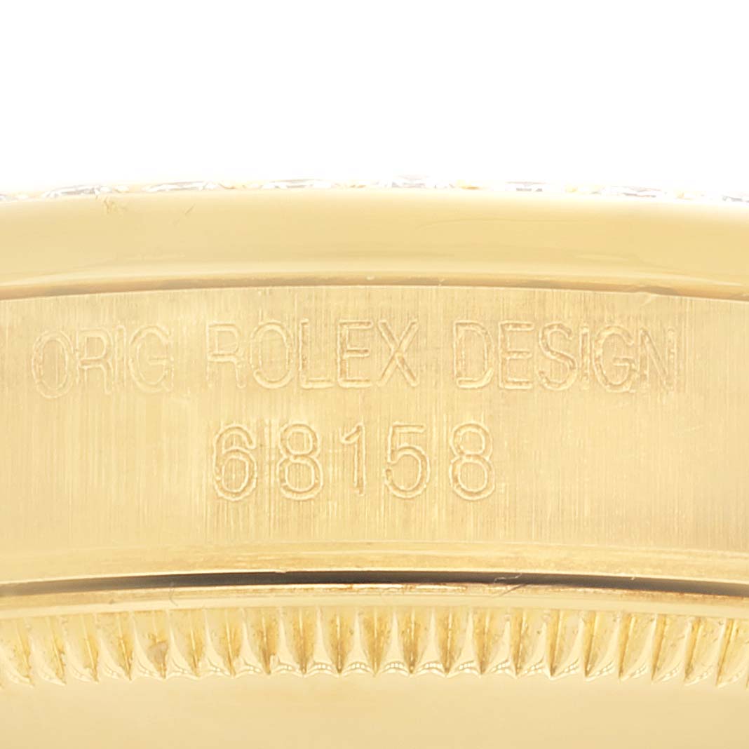 This image shows a close-up of the case side and model number of a Rolex President 68158 Women
s Yellow Gold Champagne Dial 68158 Women
s Yellow Gold Champagne Dial watch.